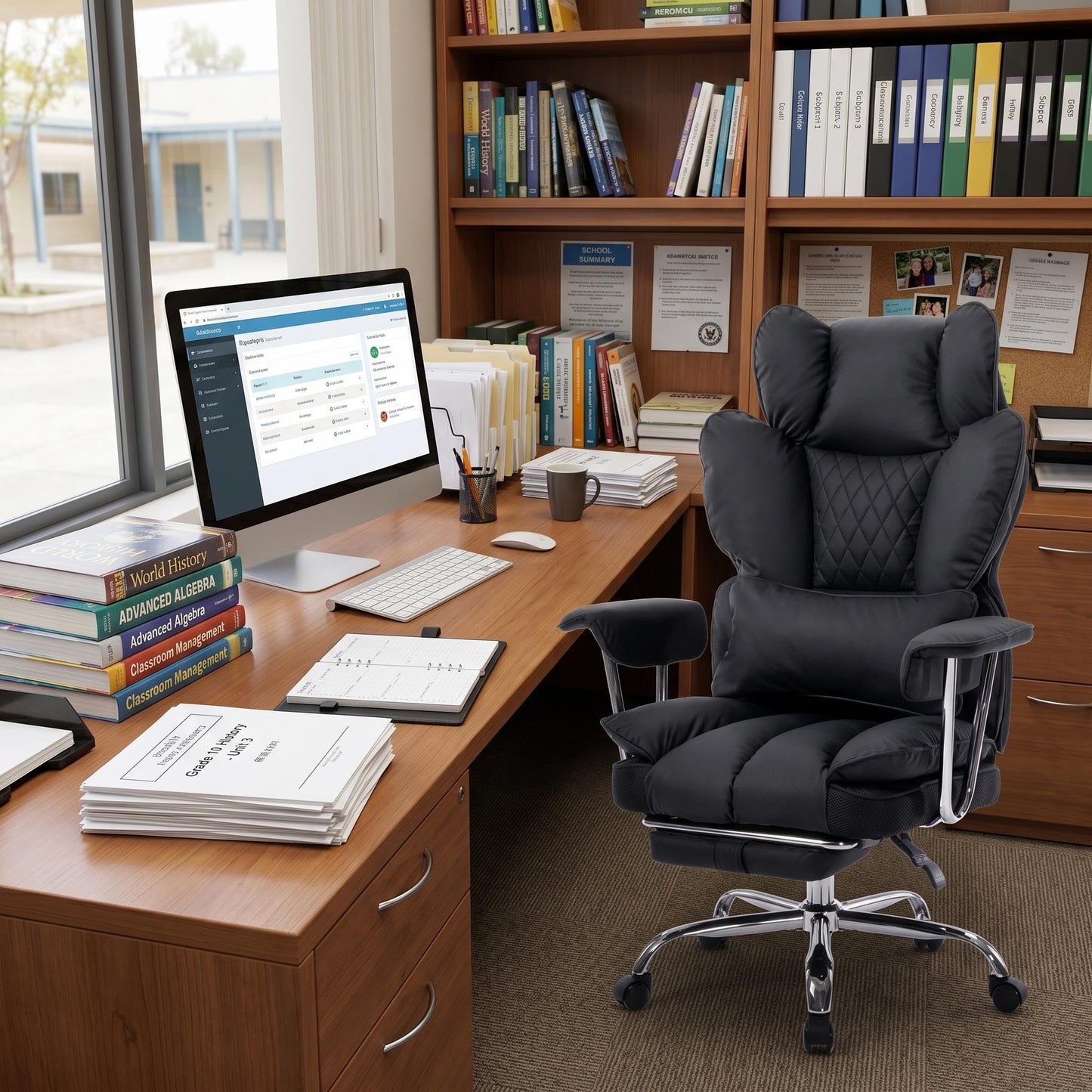 Big and Tall Office Chair with Pocket Spring Cushion, High Back Ergonomic Desk Chair for Home Office, Thick Padded Seat, Adjustable Armrests & Lumbar Support, with Footrest, PU Leather, Black