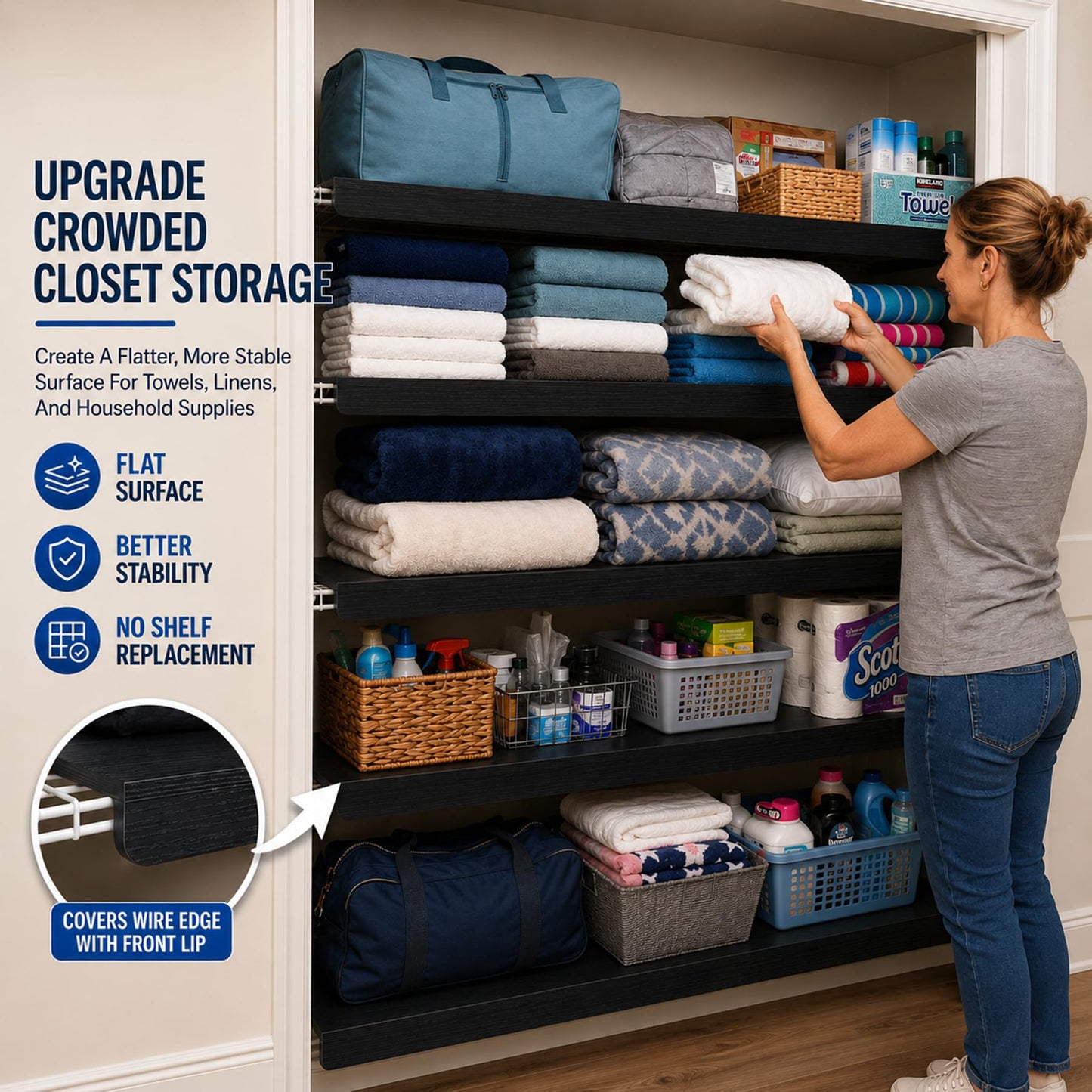 LstXyronica 36" x 12" Heavy Duty MDF Wood Shelf Liners 4 Pcs, Odor-Free Solid Panels, 0.6 Inch Thick Wire Rack Covers for Pantry, Closet & Garage Storage (Black)