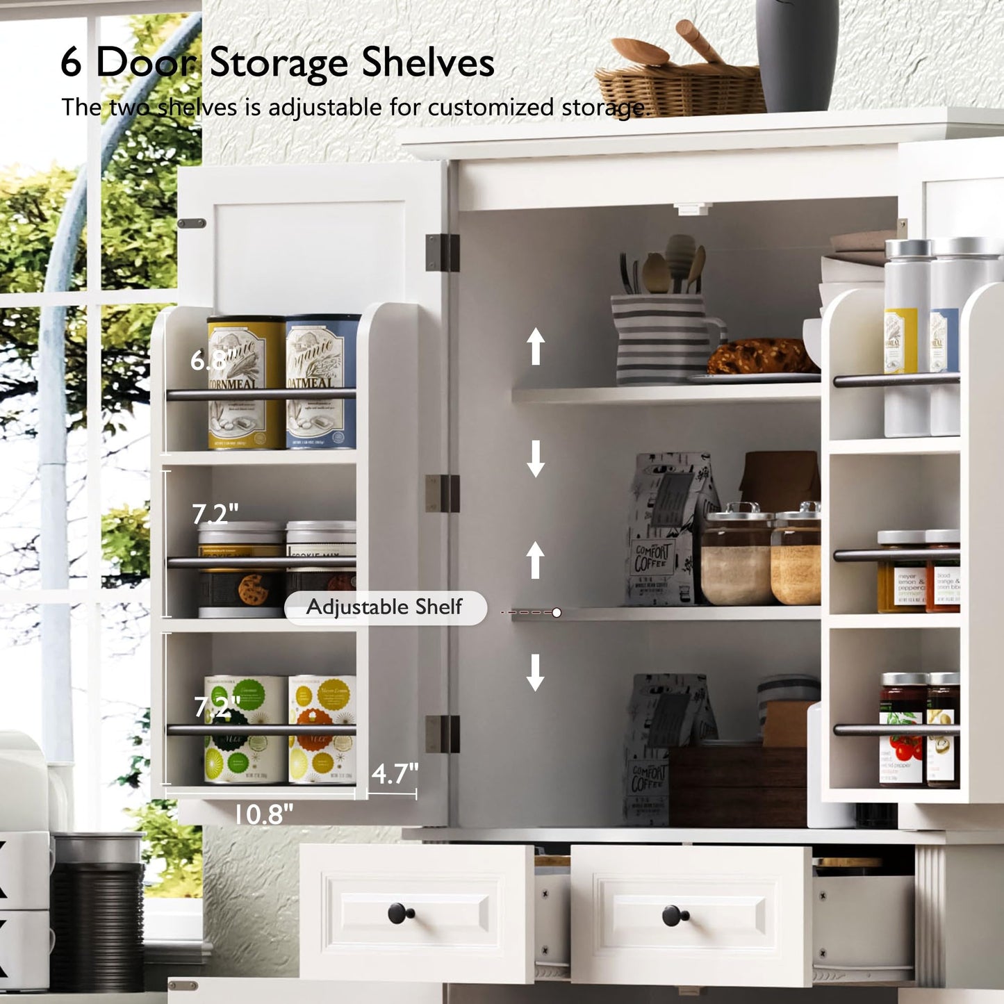 Merax 71" Tall Kitchen Pantry, Farmhouse Storage Cabinet with 6 Door Shelves, 2 Drawers and 3 Adjustable Shelves, Freestanding Rustic Wood Cupboard for Kitchen, Dining Room, White