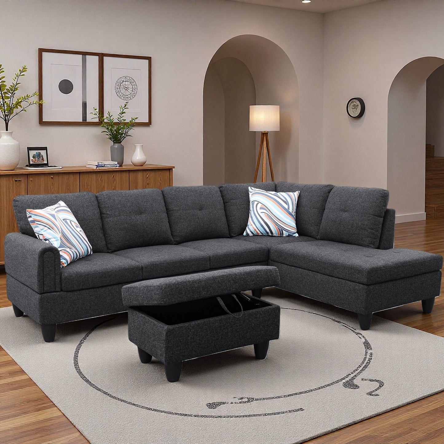 Topcomfy 97.5" L Shaped Couch Set, Modular Sectional Couches for Living Room with Storage Ottoman, 4 Seat Home Sofa Living Room Furniture Sets with Chaise for Apartment Office (Linen, Black Grey)