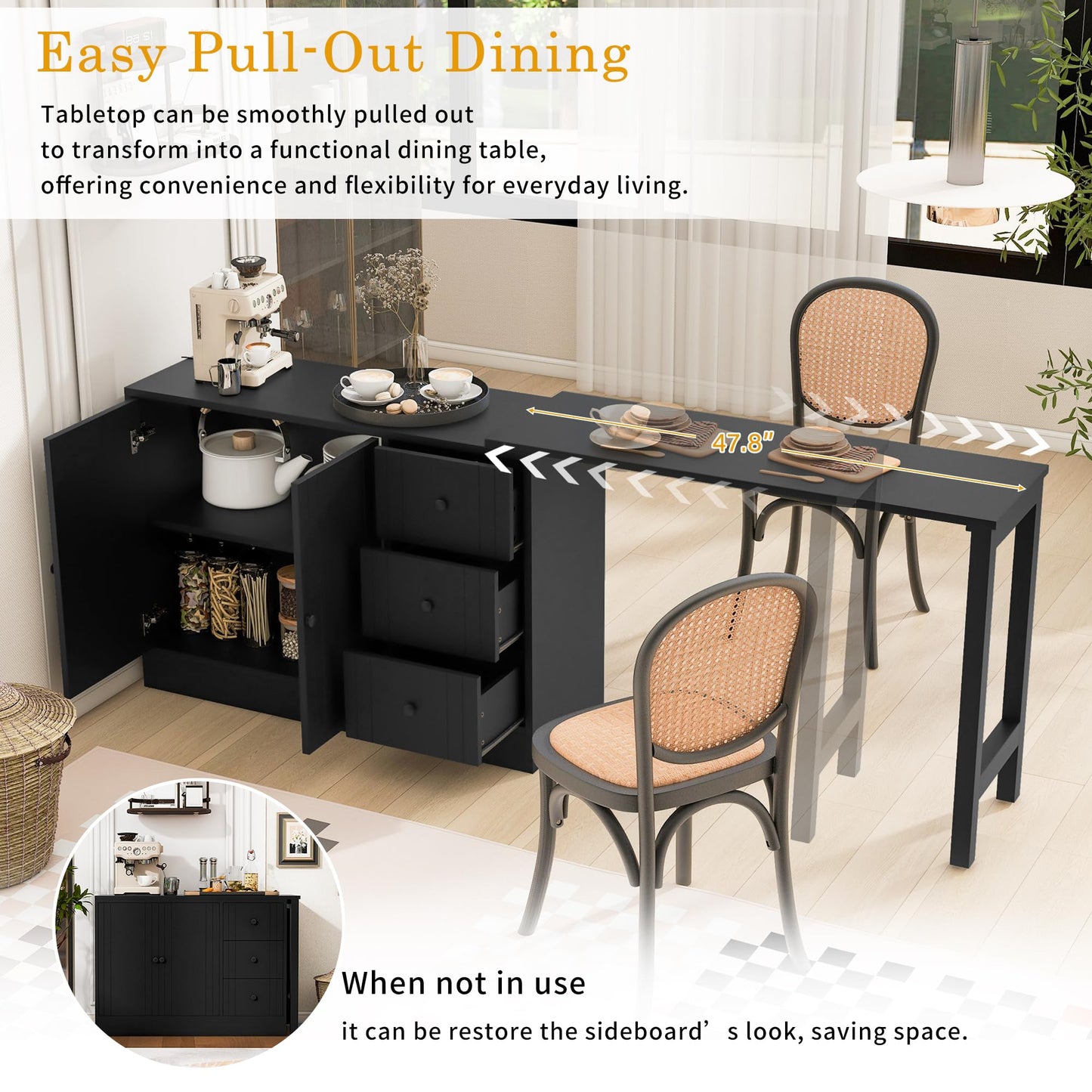 Merax Wood Farmhouse Buffet Sideboard with with Extendable Table, Multifunctional Coffee Bar Cabinet with 2 Doors and 3 Drawers for Living Room Bedroom Kitchen Black