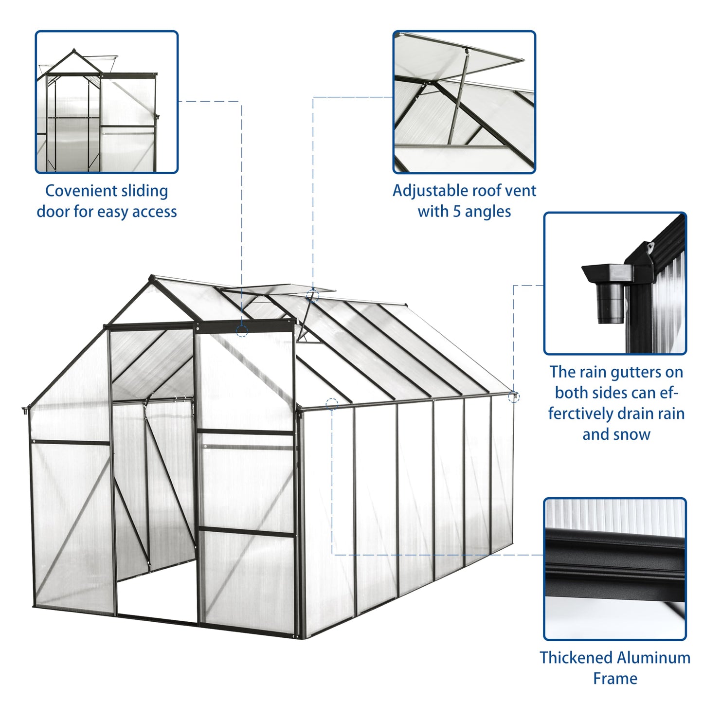 Jintop 6x12 FT Polycarbonate Greenhouse with Raised Base and Anchor Aluminum,Heavy Duty Walk-in Green Houses,w/ Drainage System & Adjustable Roof/Sliding Door,for Outdoor Backyard,Black