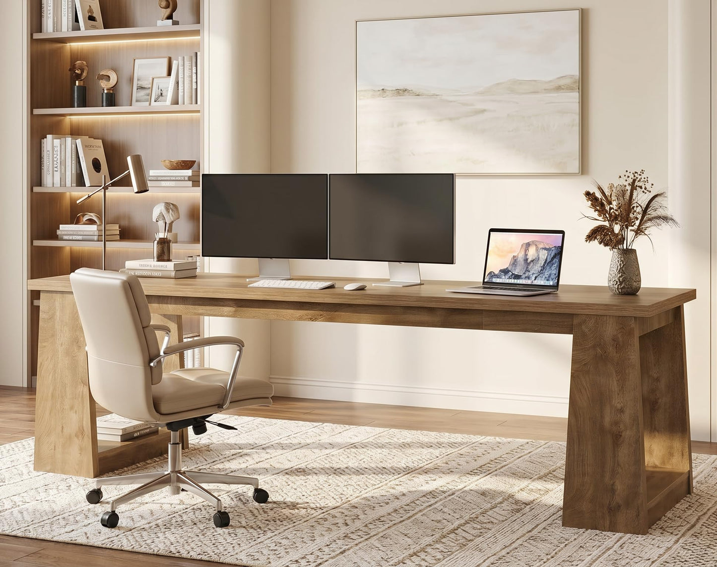 LITTLE TREE 86.6 Inch Extra Long Computer Desk, Two Person Desk, Dual Workstation Home Office Desks for 2 Users, Large Gaming & Multi-Monitor Setup Writing Table for Spacious Workspace