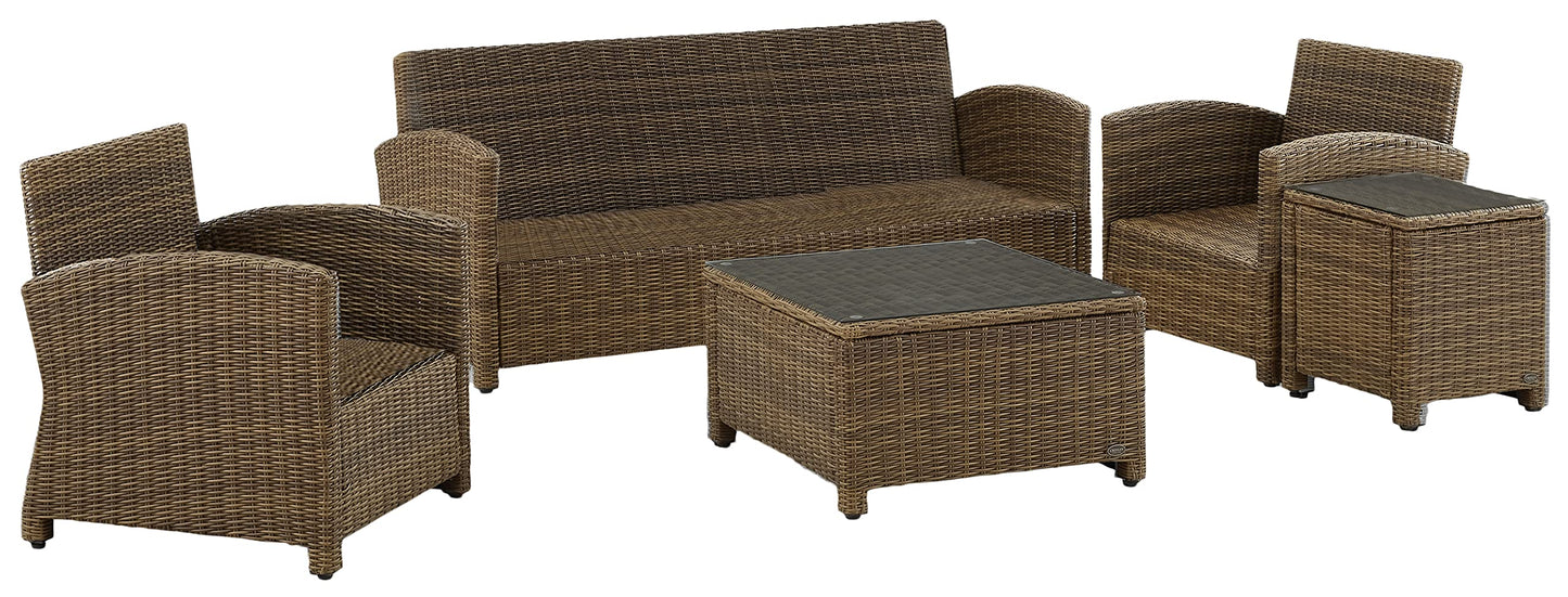 Crosley Furniture Bradenton 5-Piece Outdoor Sofa Patio Furniture Set, Wicker Conversation Sets for Porch, Brown with Gray Cushions
