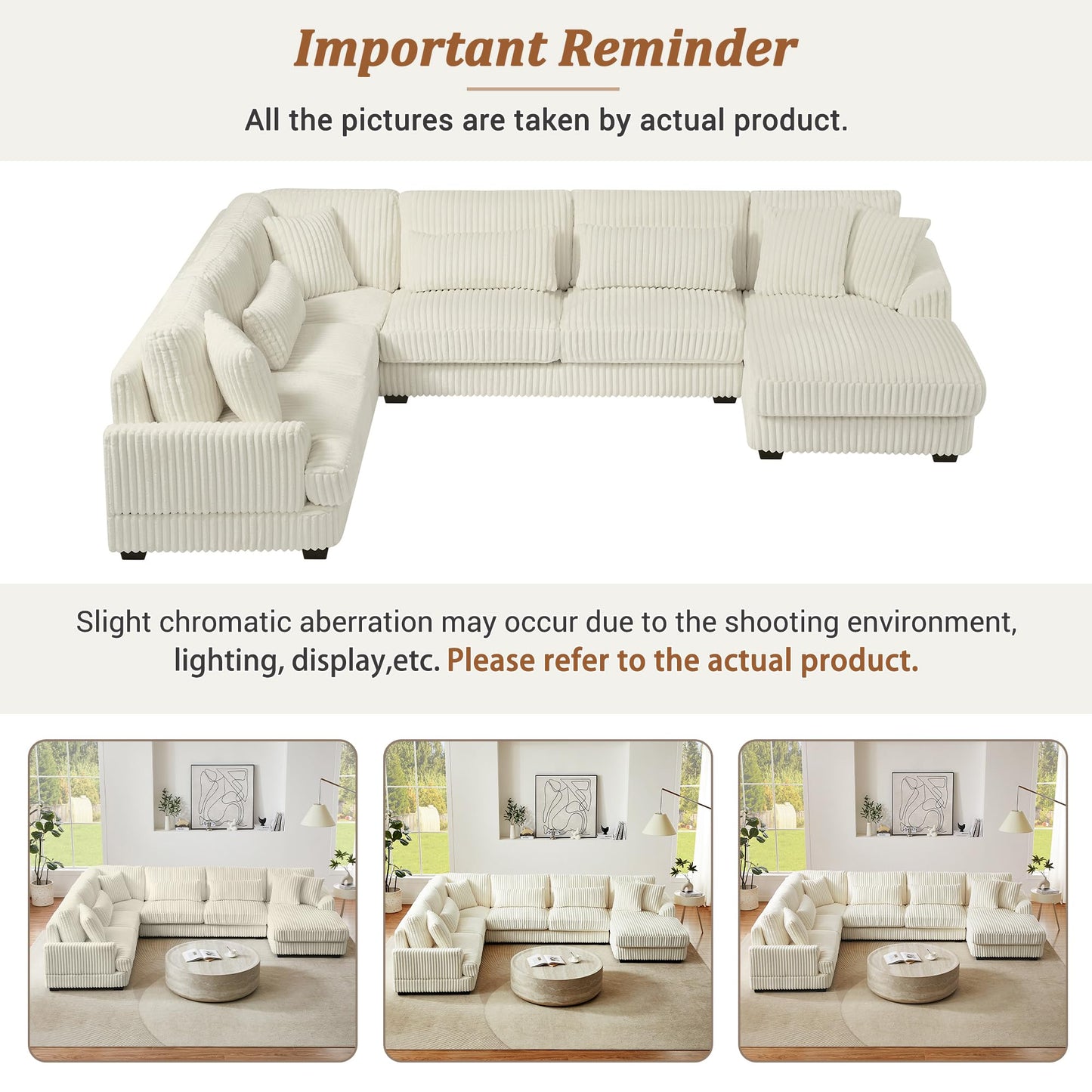 ERYE 129-Inch U-Shaped Sectional Sofa Couch W/Right Facing Chaise Lounge,Oversized Corduroy Upholstered Corner Modular Sofa Couch with 7 Toss Pillows for Living Room Sets