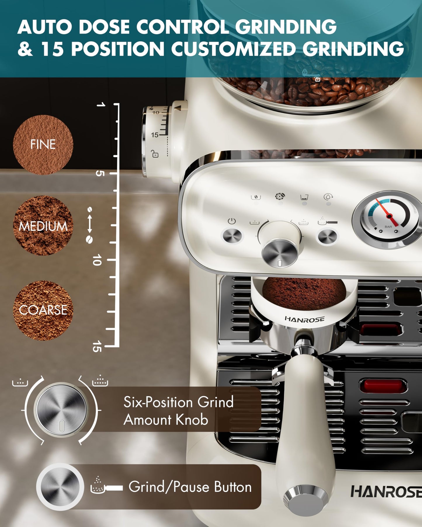 Hanrose Espresso Machine With Grinder, 20 Bar Espresso Machine with Milk Frother Steam Wand, Espresso Machines for Home, Expresso Coffee Machines Professional, Cappuccino Latte Machine