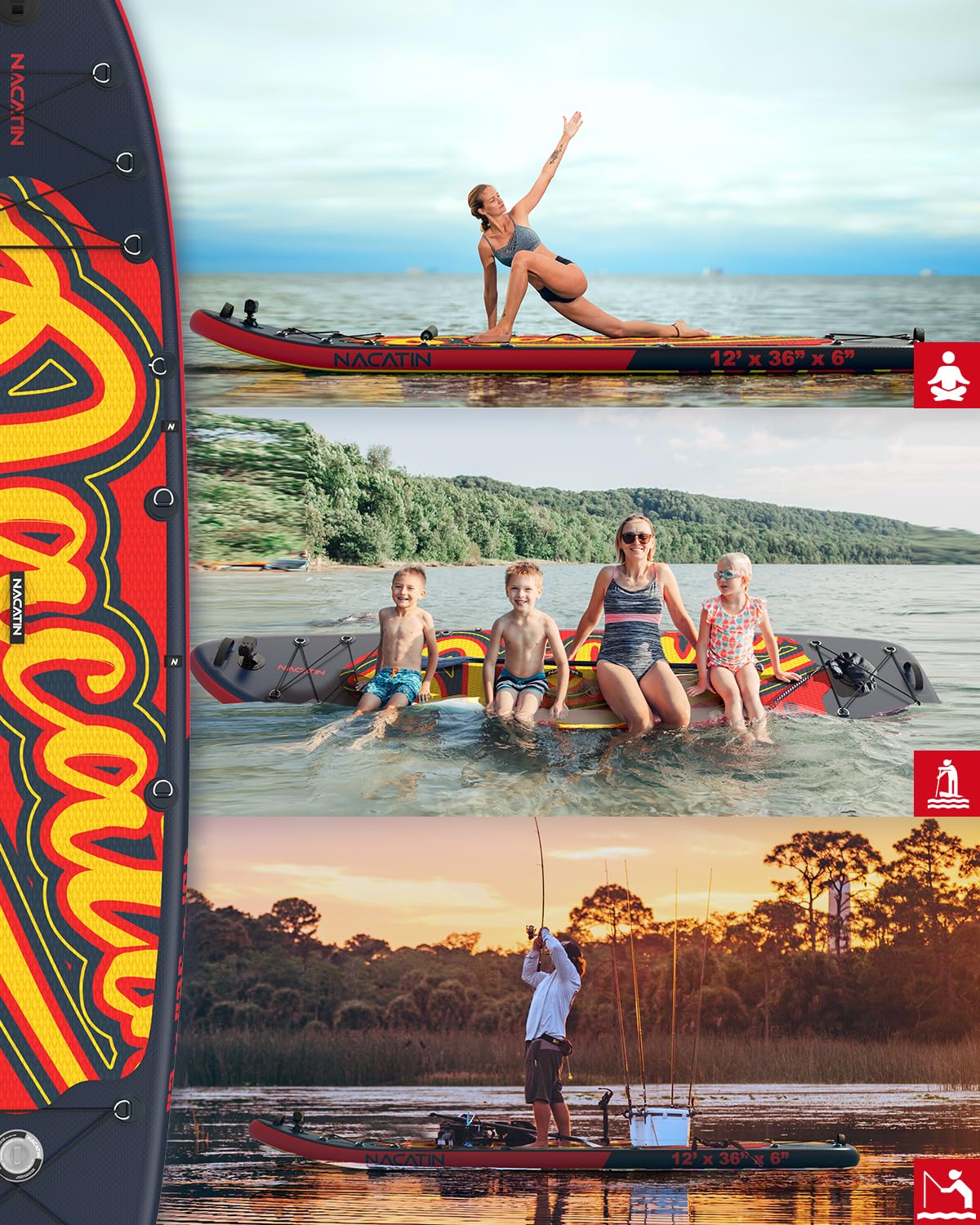 NACATIN 12' Extra Large Inflatable Stand Up Paddle Board with Seat, Wide 36" SUP Board for Adults & Family, with Single/Double Paddle, Kayak Seat, Pump, Stable Wide Deck for Beginners, Lake and River