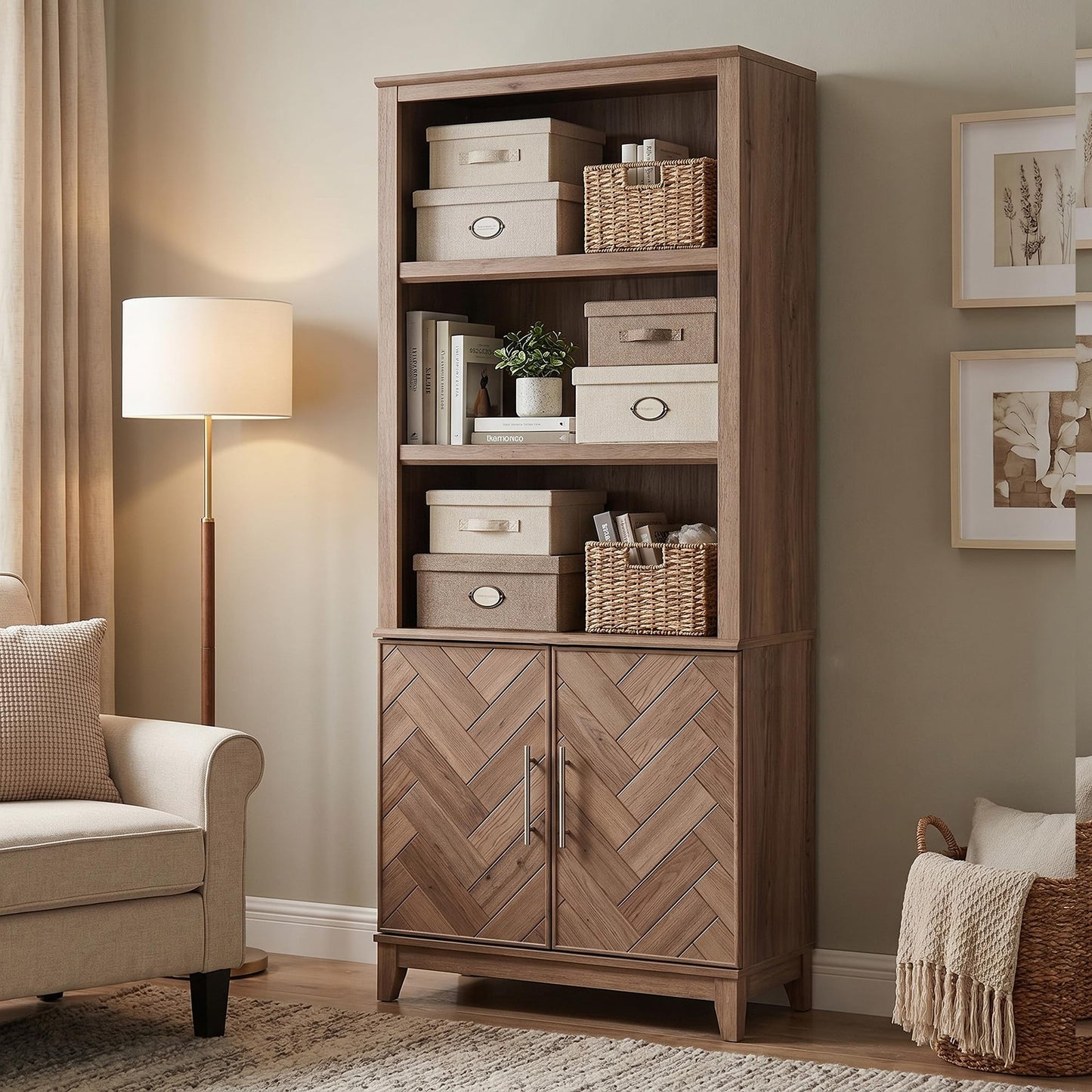 Lab Cosi 71.9" Tall Bookcase with Doors, Wood Bookshelf with Adjustable Shelves, Storage Bookcase Cabinet for Living Room, Bedroom, Home Office