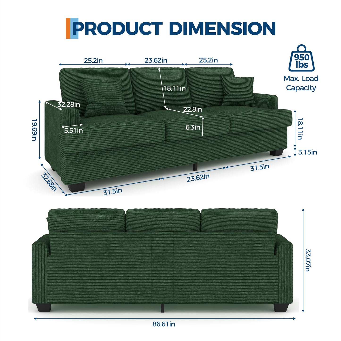 Garvee Modern 86" Corduroy Sofa - Deep Seat Couch with Removable Cover & 2 Throw Pillows, Comfy Upholstered Cushion Sofa for Small Space Apartment & Lounge, Green