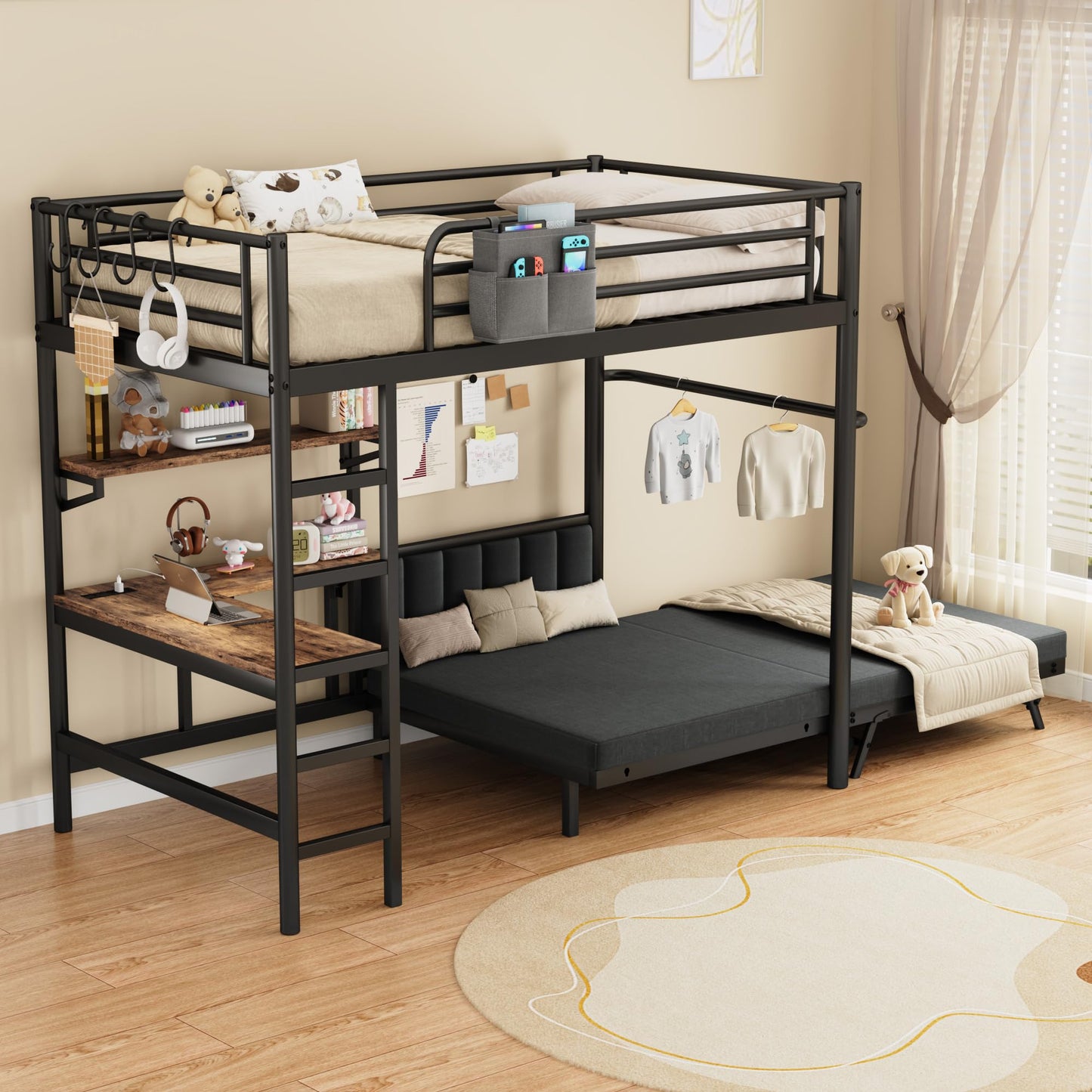 Jocoevol Twin Loft Bed with Mattress, Dual-Access Bed, Pull-Out Folding Bed & L-Shaped Desk, Heavy Duty Metal Bunk Bed Frame with Safety Guardrails, Charging Station & Adjustable Shelves (Dark Black)