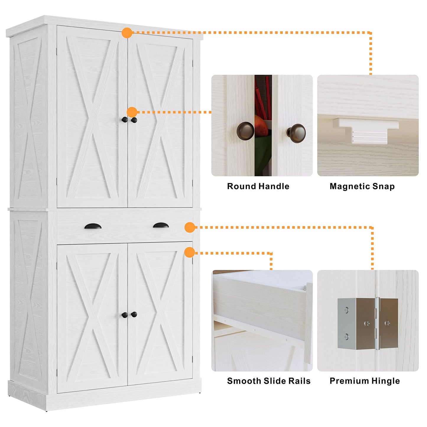 IRONCK Kitchen Pantry Storage Cabinet 72.6" H x 24" W, with Barn Doors, Drawer, 4 Adjustable Shelves, Freestanding Cupboard, Laundry, White