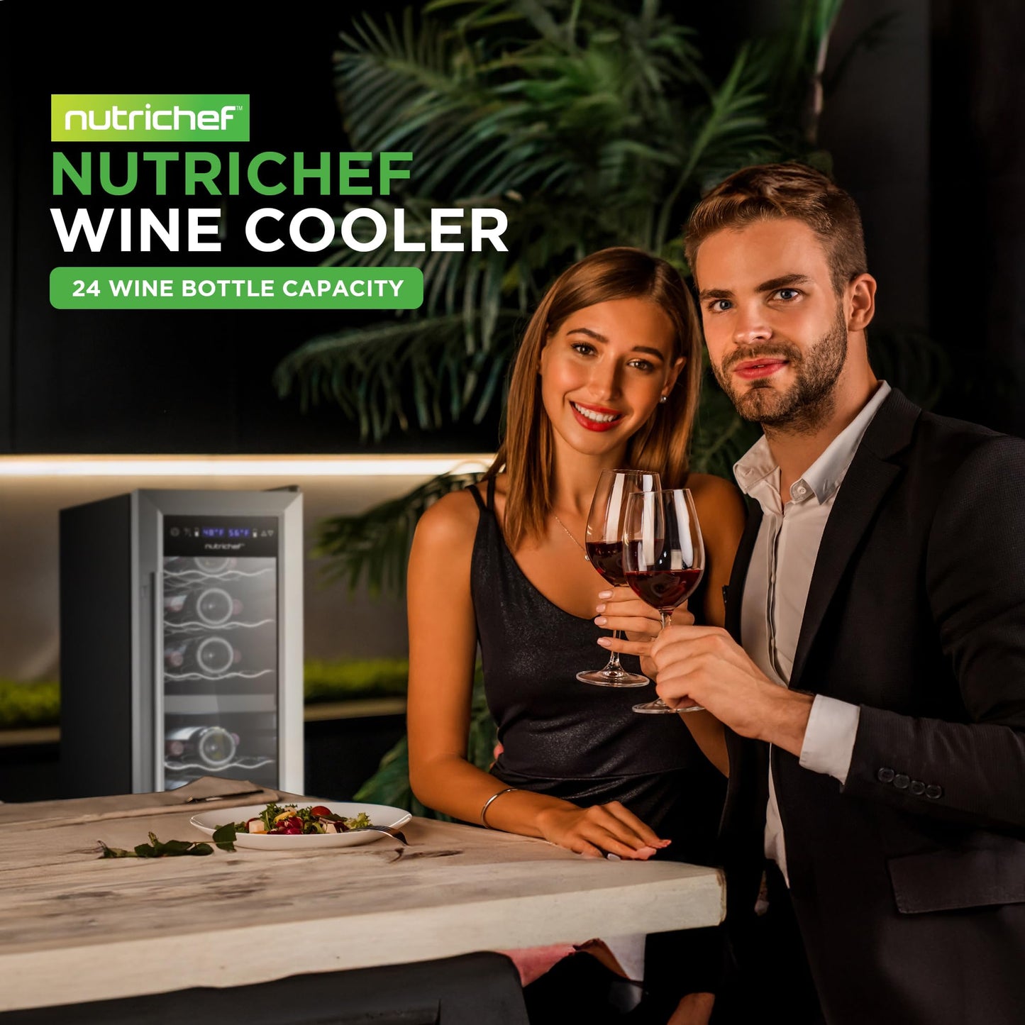 NutriChef 24 Bottle Wine Fridge | Dual Zone Wine Chiller | Adjustable Temperature 41°F to 64°F | Ultra Quiet Operation | Wine Cooler For Home, & Office | Free Standing 39x11x23 IN (Black)