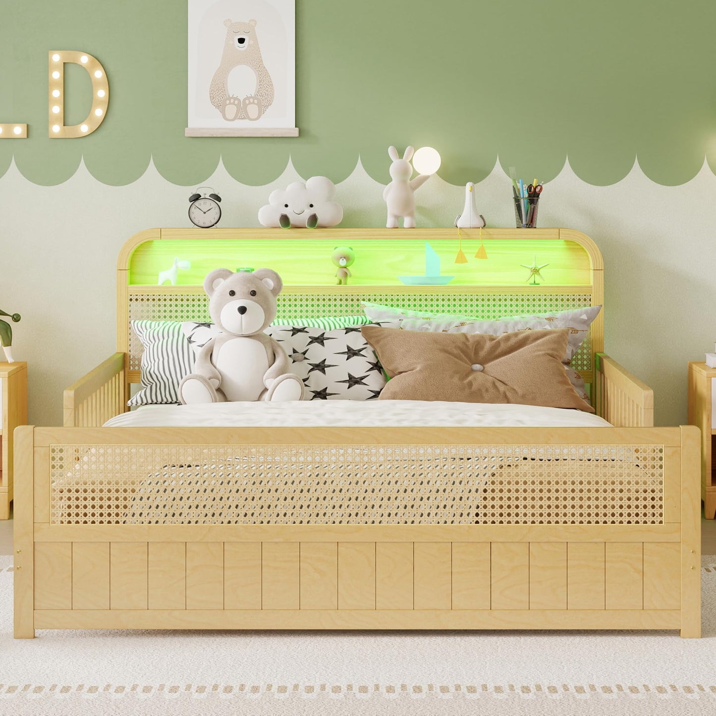 KEIKI Full Size Pine Wood Platform Bed Frame with Storage Headboard & Footboard, for Boys & Girls, Rattan Bed with Solid Slat & Guardrails, No Box Spring Required, Easy Assembly, for Bedroom, Natural