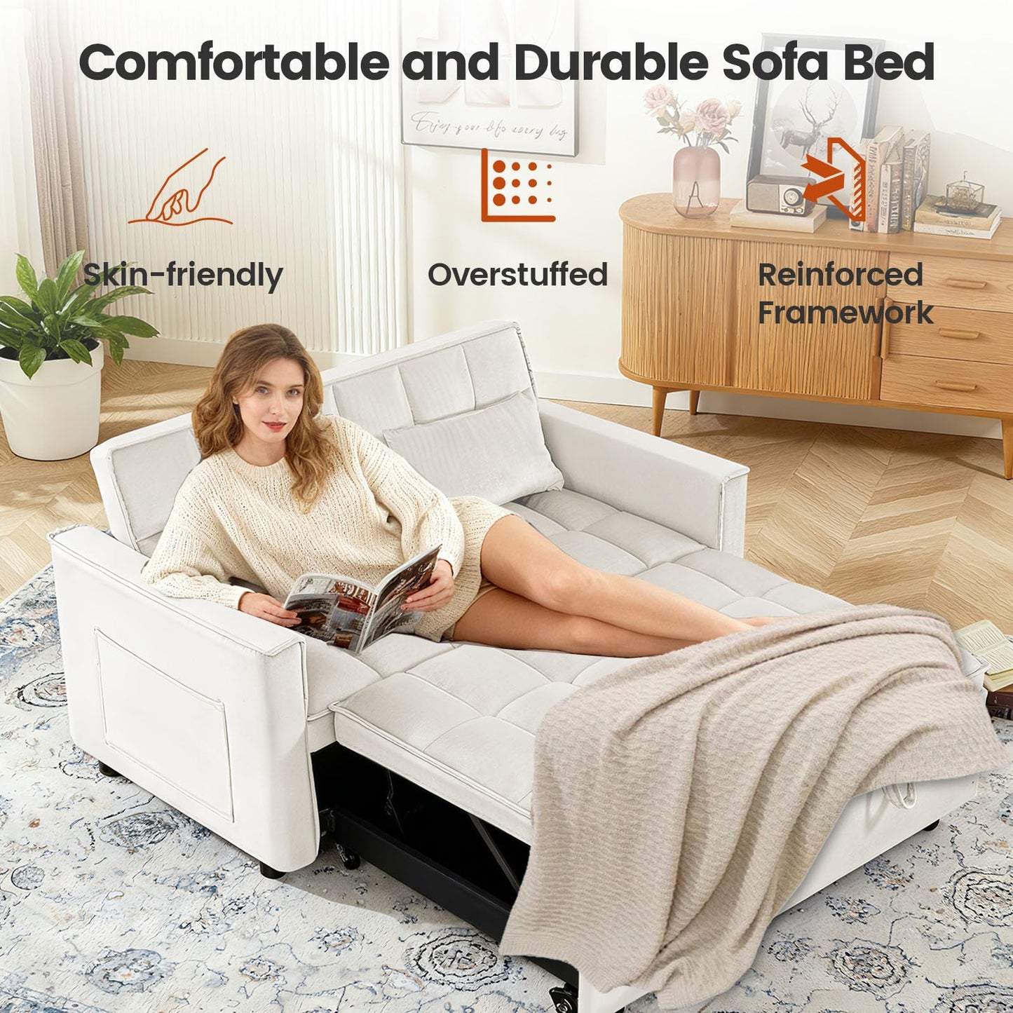Trygoal 3 in 1 Convertible Sofa Bed, Loveseat Sleeper Sofa with Large Side Pockets, Pull Out Couch with Adjustable Backrest, Easy Assembly, Velvet Couch Bed for Small Spaces, Apartment, White