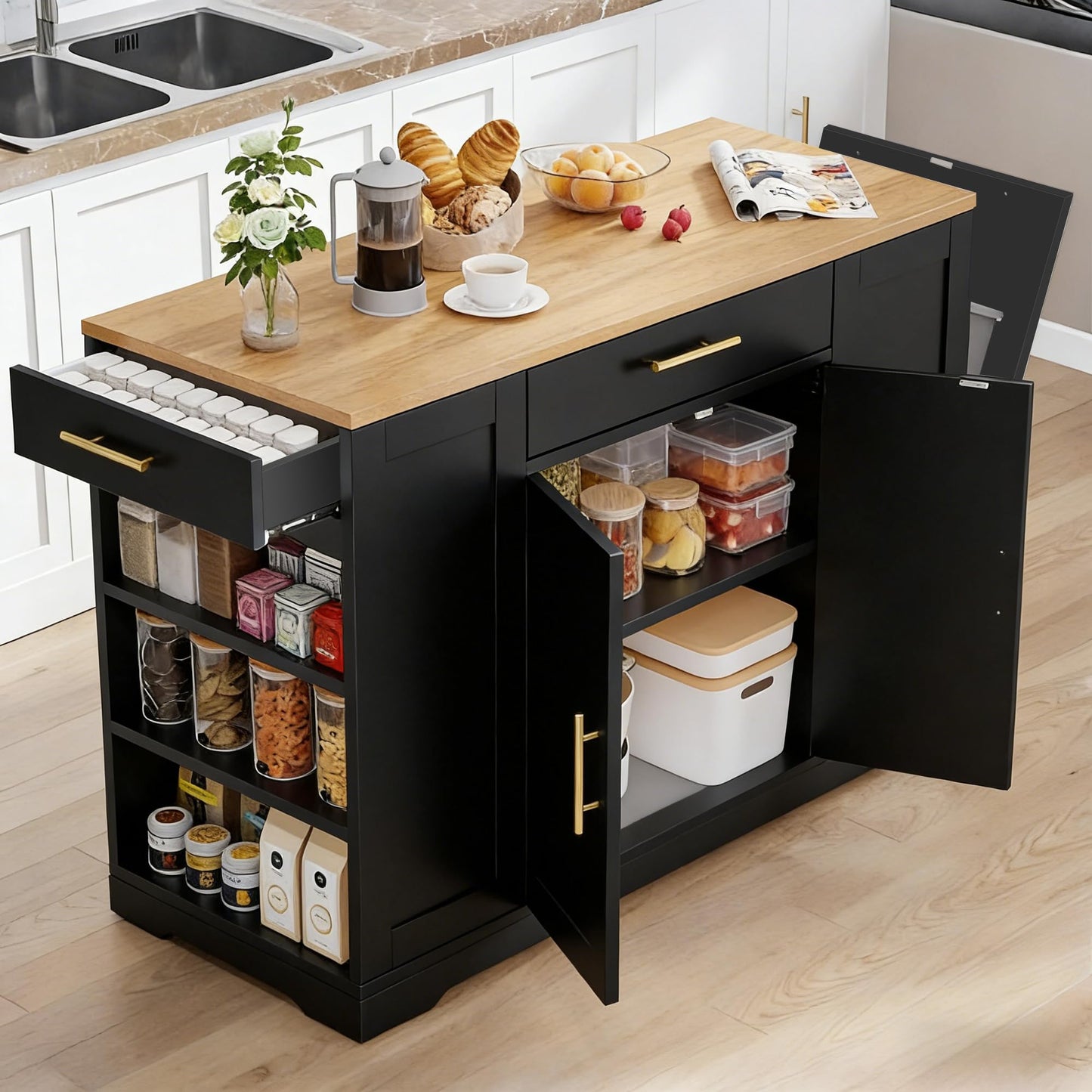 YITAHOME 53 inch Large Rolling Kitchen Island with Trash Can Storage Cabinet, Portable Mobile Islands Table Long Floating Movable w Wheels Cabinet for 13 Gallon Garbage Bin 2 Drawer, Navy Blue