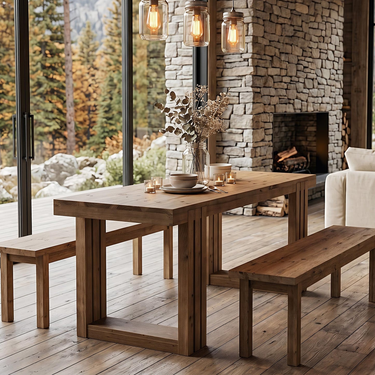 LITTLE TREE Solid Wood Dining Table, 61.8” Dining Table for 4-6 People, Rectangular Wood Kitchen Table, Farmhouse Dinner Table with U-Shaped Legs for Kitchen, Dining Room, Kitchen, Rustic Brown