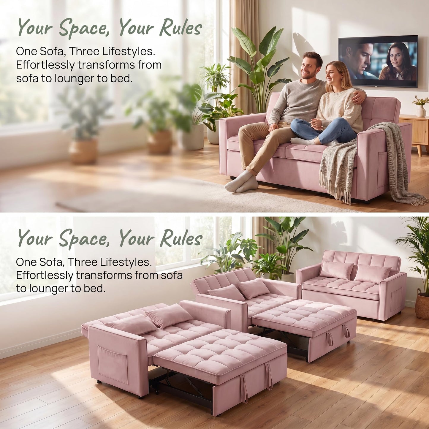 NicBex Sleeper Sofa Bed, Pull Out Couch Bed with Adjustable Backrest, Velvet Fabric Sleeper Sofa with Side Pocket, Convertible Loveseat Sleeper Sofa for Small Space, Living Room, Bedroom, Pink