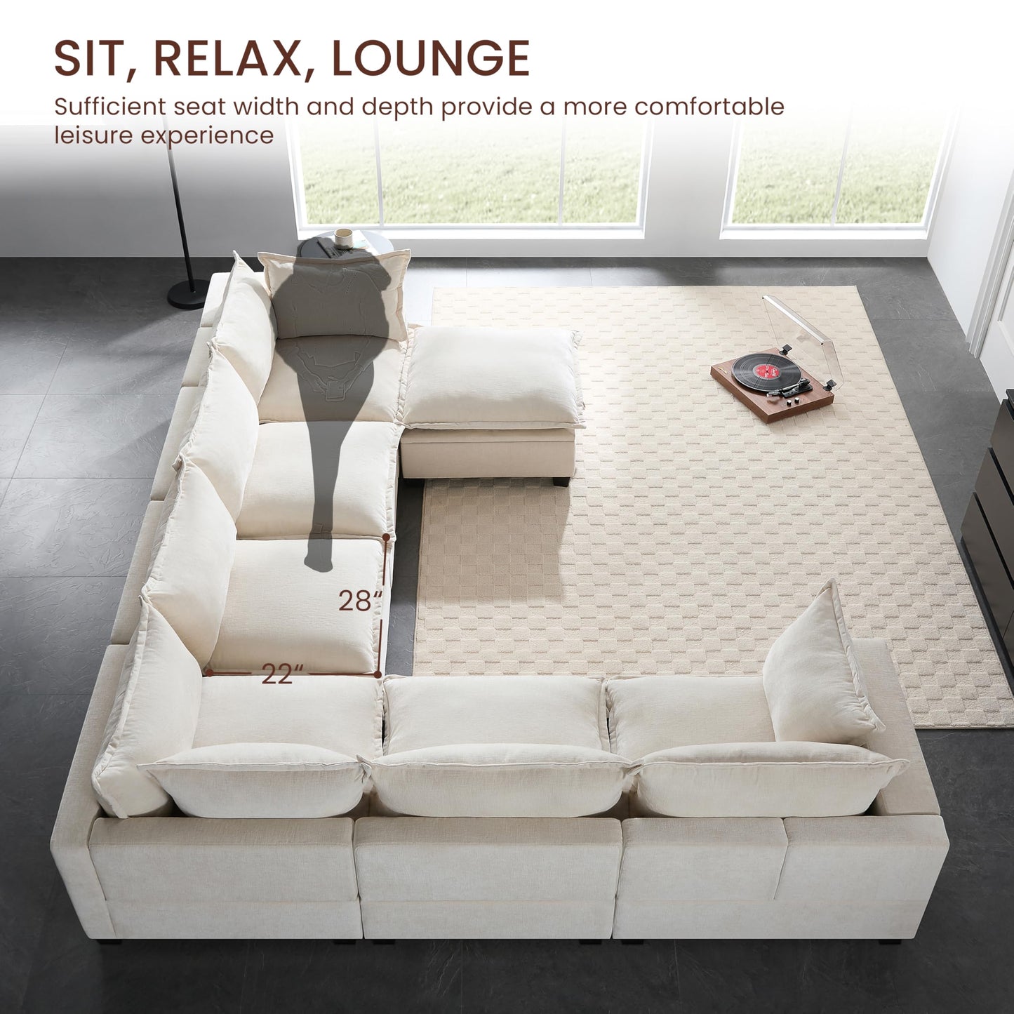 Merax Modern U-Shaped Modular Couch Set with Storage Ottoman, Chenille 7-Seat Sectional Sofa Sleeper Bed with Wide Seat for Living Room, Free Combination,Off White