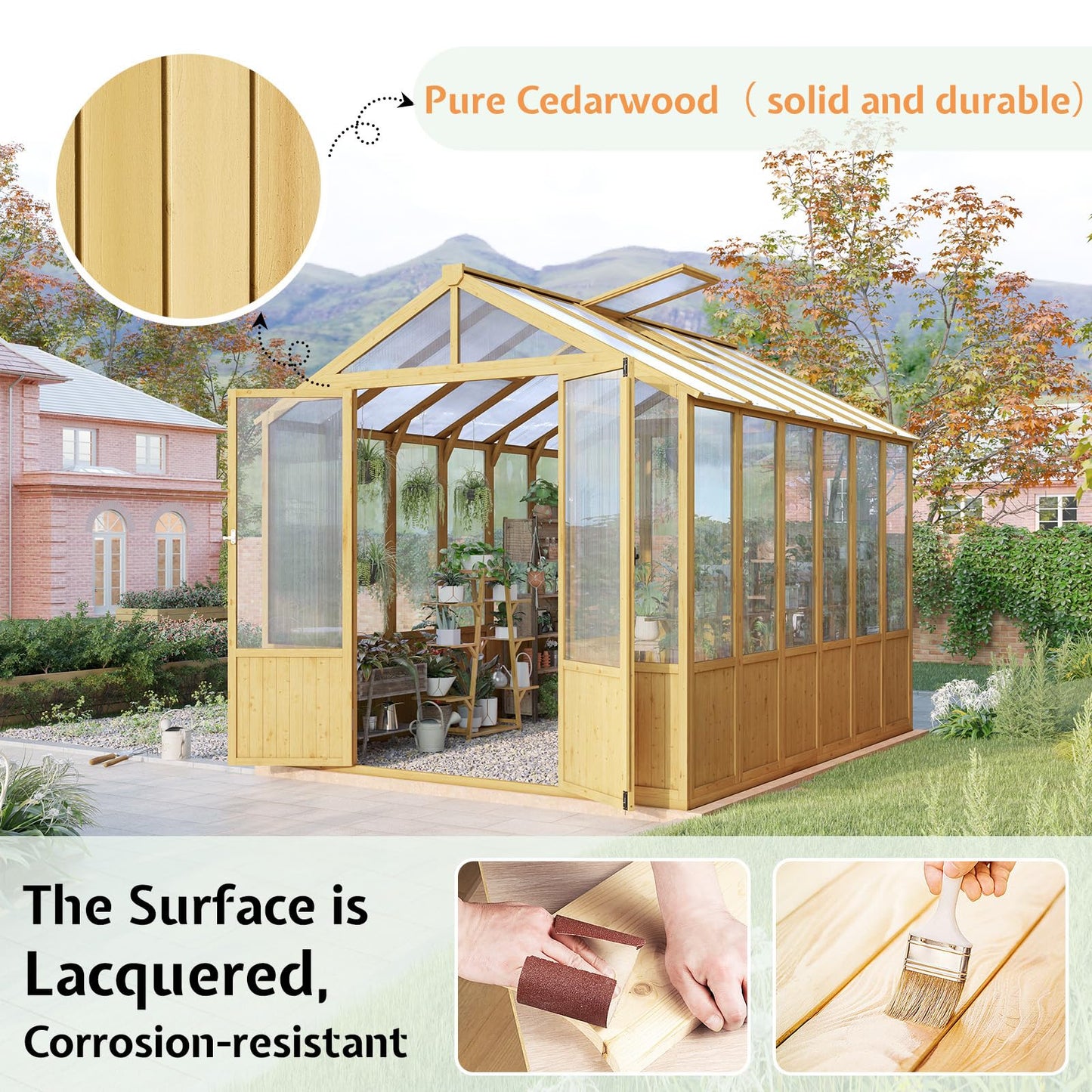 Jocisland 8x9.5x7.5 Ft Wooden Greenhouse, Pre-Assembled Solid Cedar Frame, Walk-in Design, Lockable Door, Adjustable Roof Vents, Polycarbonate Panels for Outdoor, Garden, Backyard