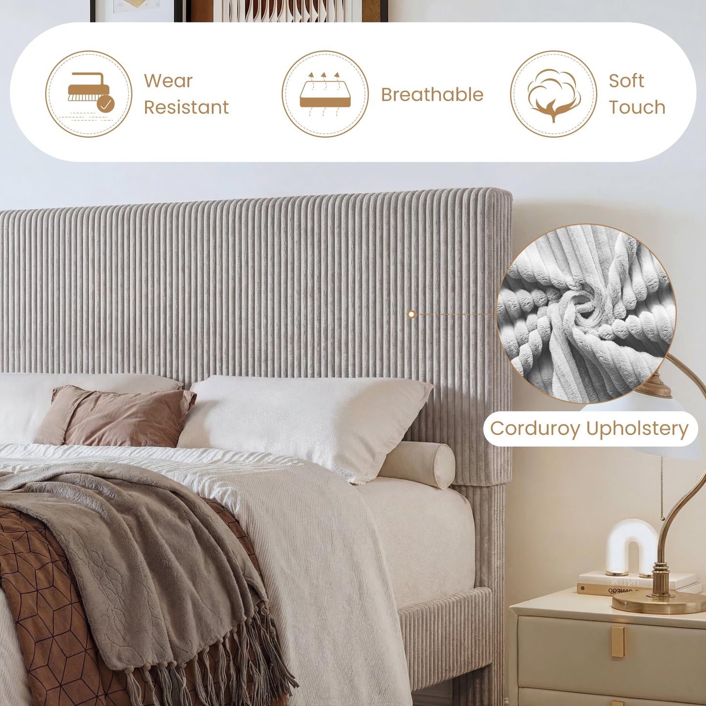 SHA CERLIN King Bed Frame, Velvet Platform Bed Frame with Vertical Channel Tufted Headboard, Upholstered Corduroy, Strong Wooden Slats, No Box Spring Needed, Easy Assembly, Light Grey