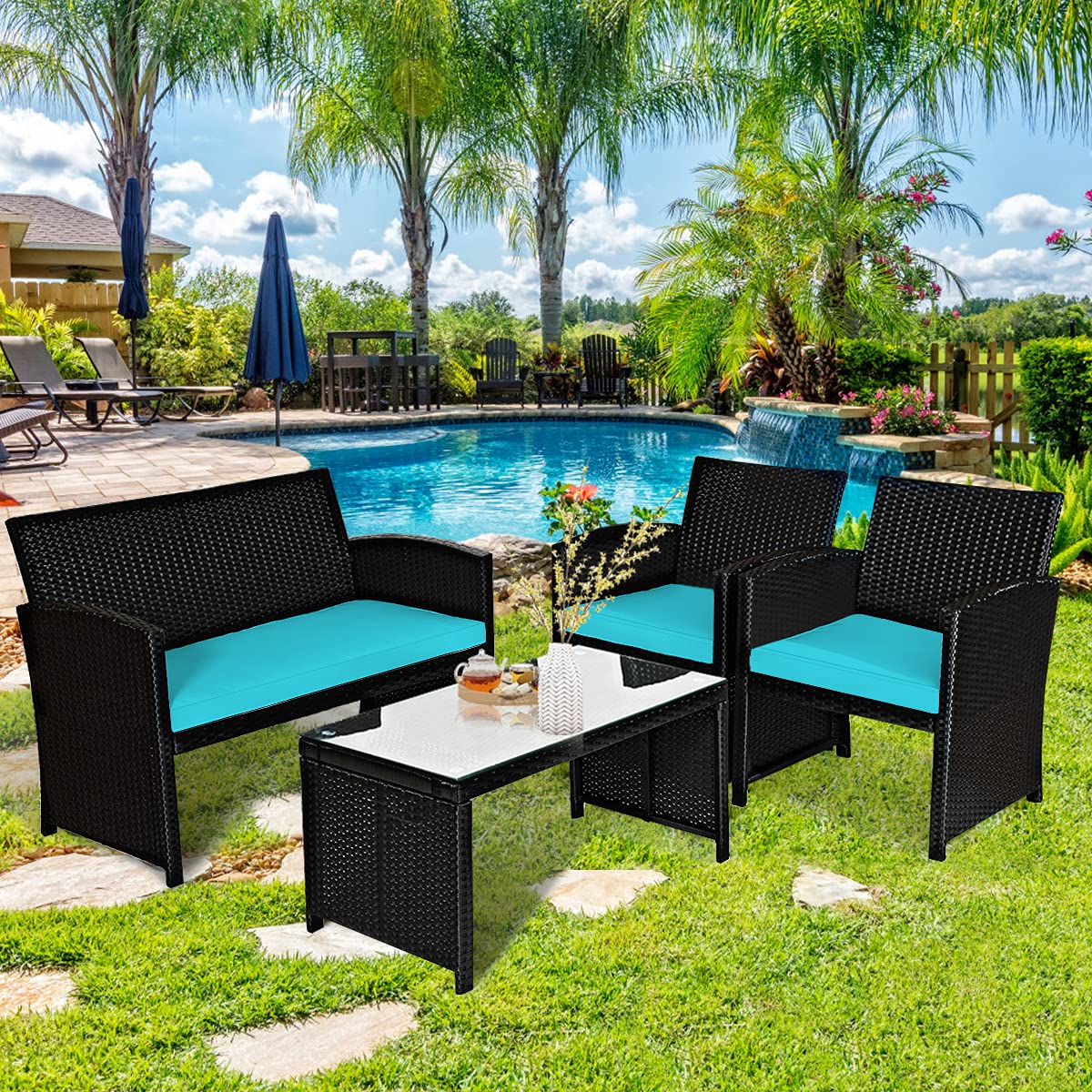 Tangkula 4 Pieces Patio Wicker Conversation Furniture Set, Patiojoy Sofa & Table Set w/4 Seats, Outdoor Rattan Sofa Set for Balcony Backyard, Wicker Chair Set with Tempered Glass Coffee Table