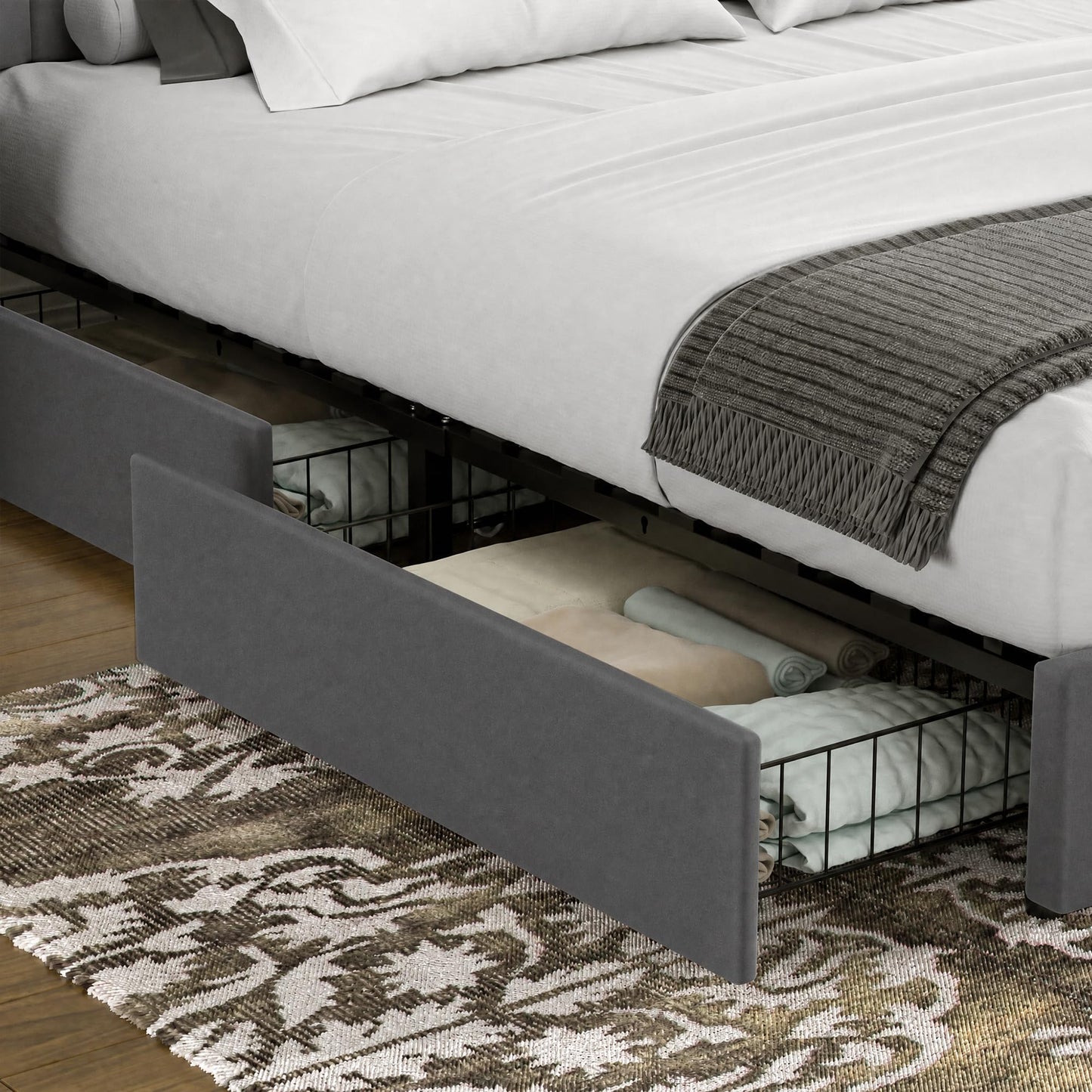 VECELO Queen Size Upholstered Bed Frame with 4 Drawers and Headboard, Velvet Platform Storage Bedframe, Wooden Slats Support, No Box Spring Needed,Dark Grey