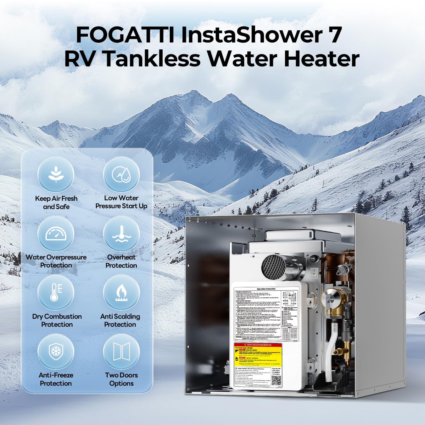FOGATTI InstaShower 7 RV Tankless Water Heater, 3 Optional Door Sizes 15"x15", 15"x18" & 18"x18" for Refitment, 12V DC, Optimized Summer Comfort Performance, Ideal for RVers' Family Use, Gen 3