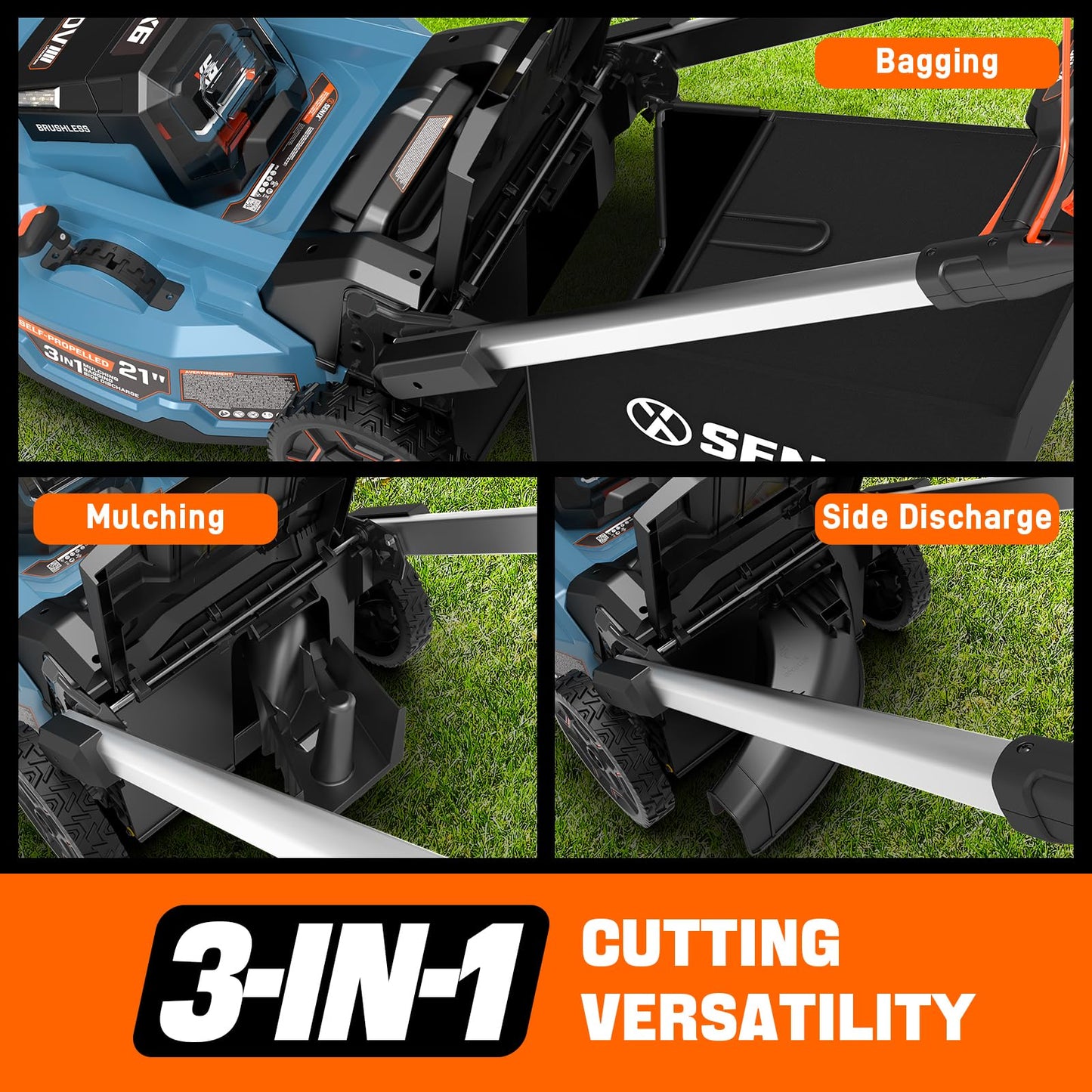 SENIX X6 60 Volt Max* 21-Inch 3-in-1 Cordless Push Lawn Mower,Self-Propelled,with Bagging,Mulching,Side Discharge,Height Adjustment,Smart Display,8Ah Lithium-ion Battery&Charger Included (LPSX6-H)