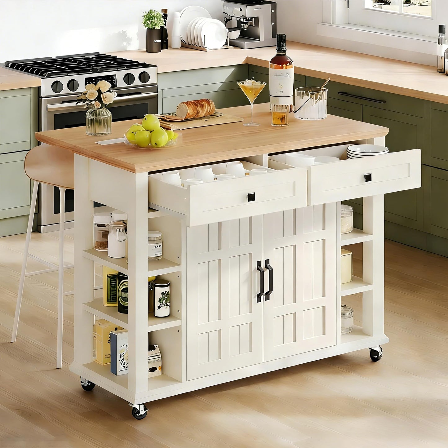 YITAHOME Kitchen Island with Drop Leaf, Mobile Storage Island with Power Outlet, Americana Rolling Kitchen Carts with Storage Shelves and Drawers, Island Table on Wheels for Dining Room, Beige