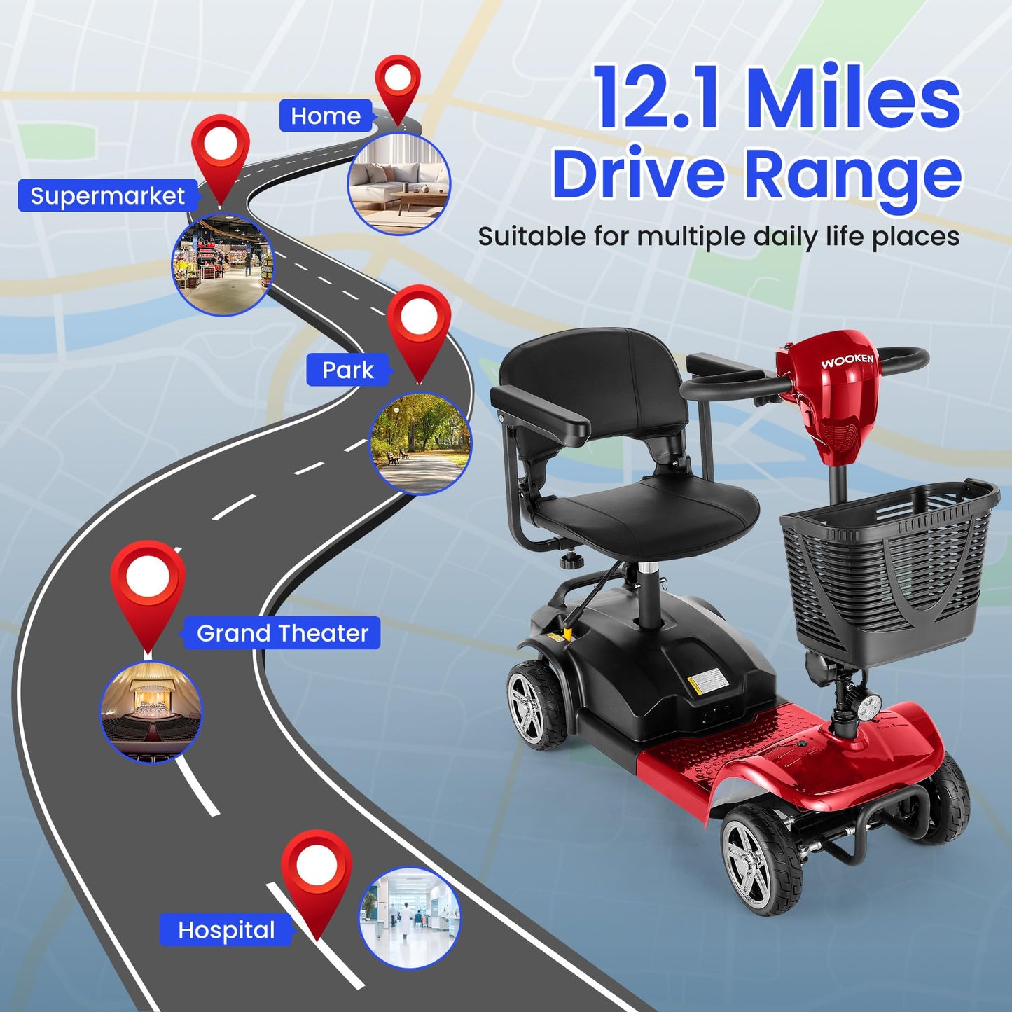 Wooken Mobility Scooters for Seniors, Adults, 4 Wheels Foldable Powered Mobility Scooter 264 lbs All Terrain, Compact Heavy Duty Electric Powered Wheelchair with Seat for Travel, Smart Safety System