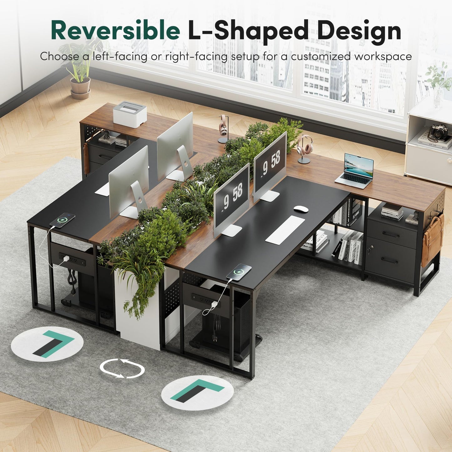 MALOL 70.3" L-Shaped Office Desk, Reversible L-Shaped Computer Desk with Power Outlet, Large Executive Desk with Locked File Drawers & Storage Shelves, Pegboard, Mobile CPU Stand, Modern Corner Desk