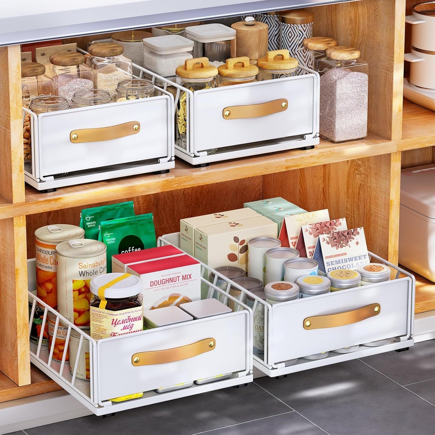 4Pack Pull out Cabinet Organizer,Heavy Duty Slide out Pantry Shelves Drawer Storage with Adhesive Nano Film,Sliding Mesh Basket with Handle for Kitchen, Bathroom, Home, 11.8W" X 15.7"D X 6.2"H,White