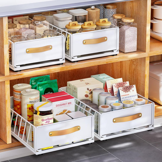 4Pack Pull out Cabinet Organizer,Heavy Duty Slide out Pantry Shelves Drawer Storage with Adhesive Nano Film,Sliding Mesh Basket with Handle for Kitchen, Bathroom, Home, 11.8W" X 15.7"D X 6.2"H,White