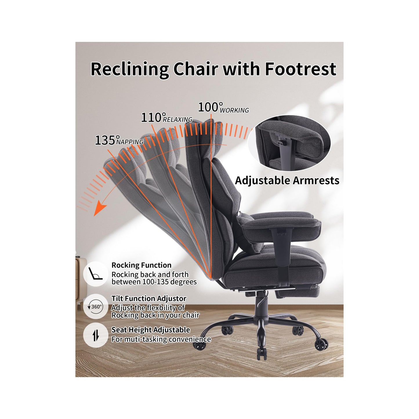 Efomao Fabric Office Chair, Big and Tall Office Chair 400 lb Weight Capacity, High Back Executive Office Chair with Foot Rest, Ergonomic Office Chair for Back Pain Relief, Dark Grey