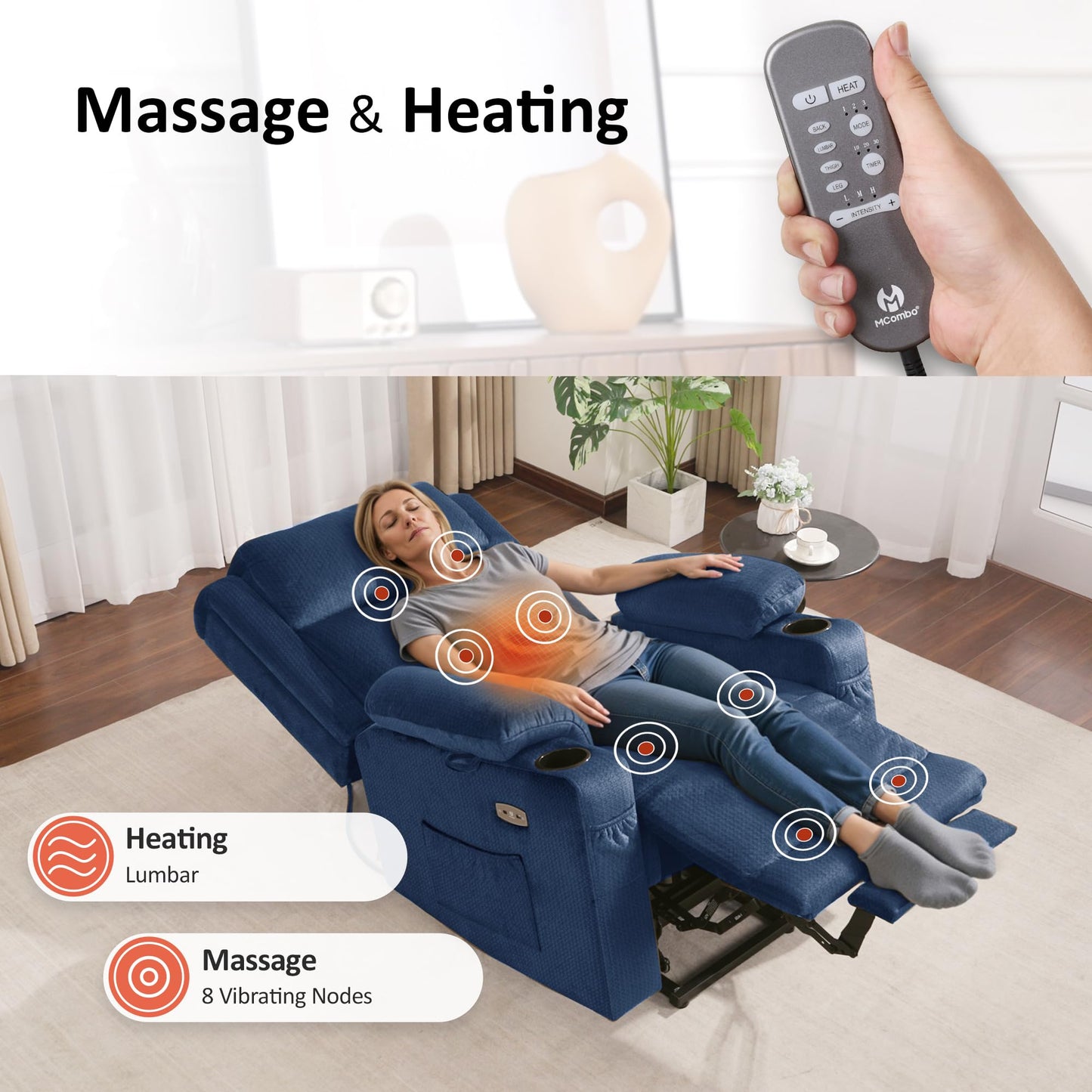MCombo Triple Motor Power Lift Recliner with Massage and Heat, Electric Recliner Chair for Elderly People, Adjustable Headrest, Infinite Position, Cup Holders,USB Ports, Fabric 7661(Navy Blue, Medium)