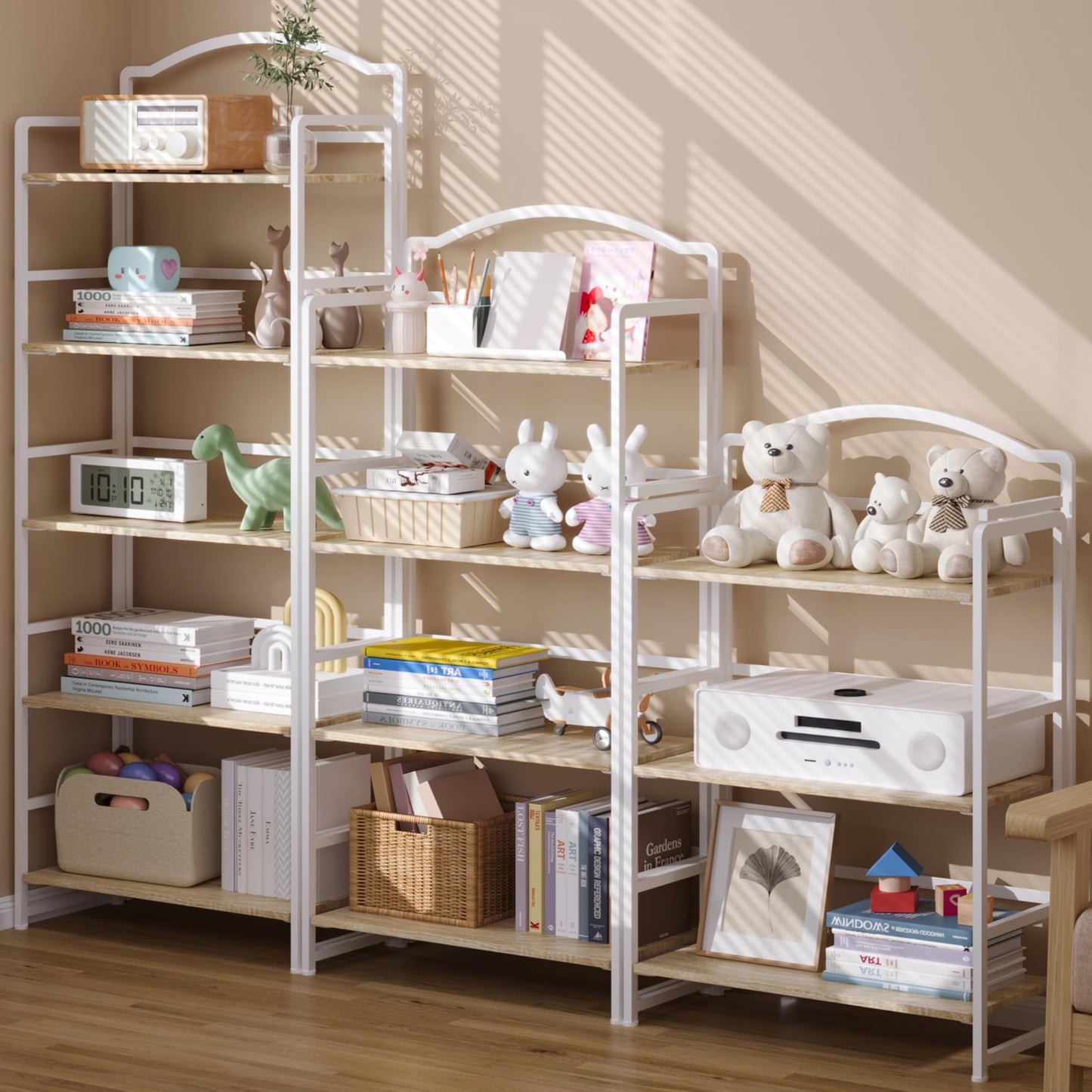 JSB 5 Tier No Assembly Folding Bookshelf, Arched Bookshelf, Foldable Bookcase for Living Room, Bedroom, Office,Skinny Bookshelf (White)
