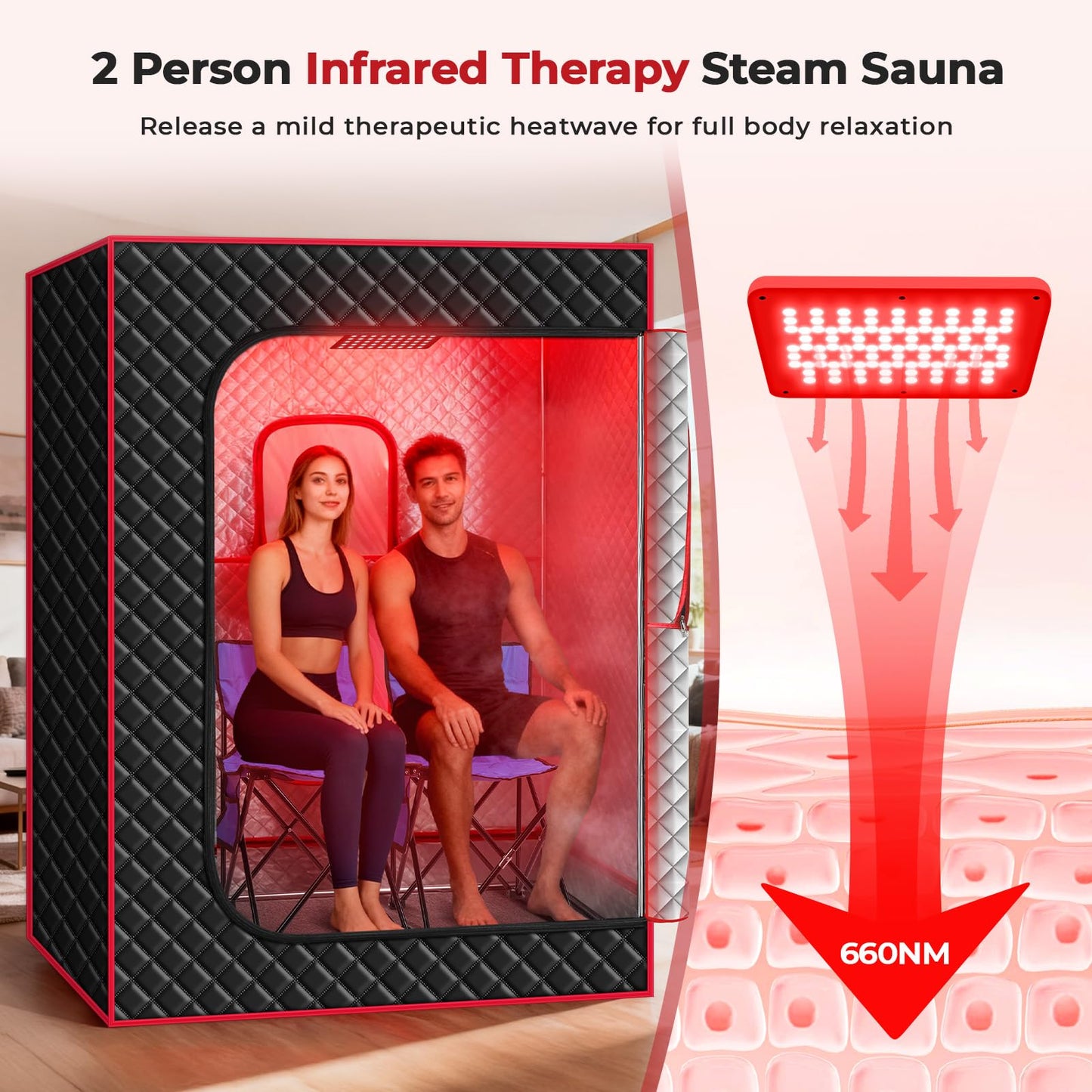 Morfone 2 Person Portable Infrared Steam Sauna with 660nm Red Light Therapy Lamp & 2 Steamers 2 Folding Chairs, Full Body Sauna Spa Tent at Home for Relaxation, 71"x 49"x 36",Black