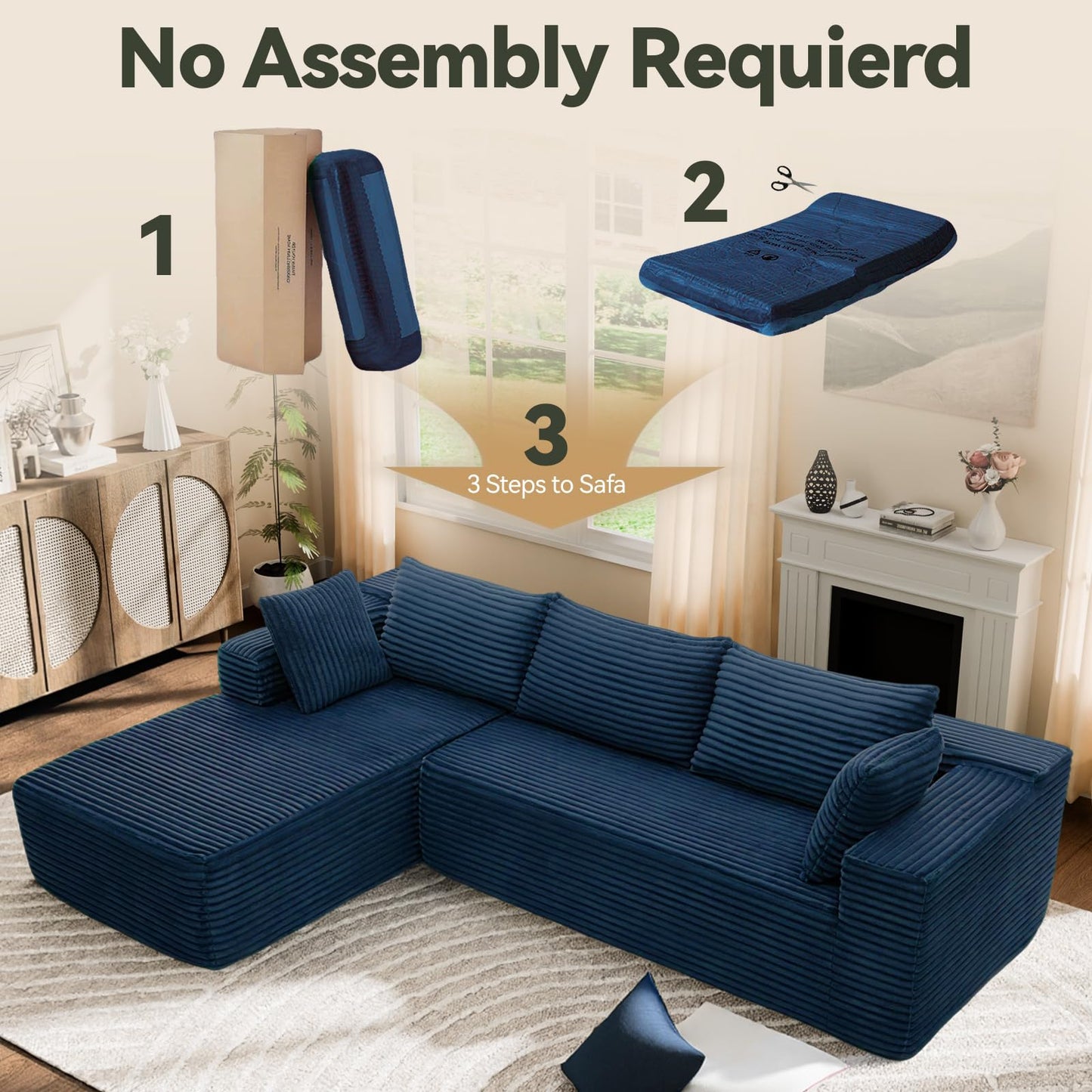 TRUNBACK 106" Modular Sectional Sofa, Blue Corduroy Cloud Couch with Right Chaise, Deep Seat Boneless Floor Sofa for Living Room, High-Resilience Foam Support, No Assembly Required, Includes Pillows