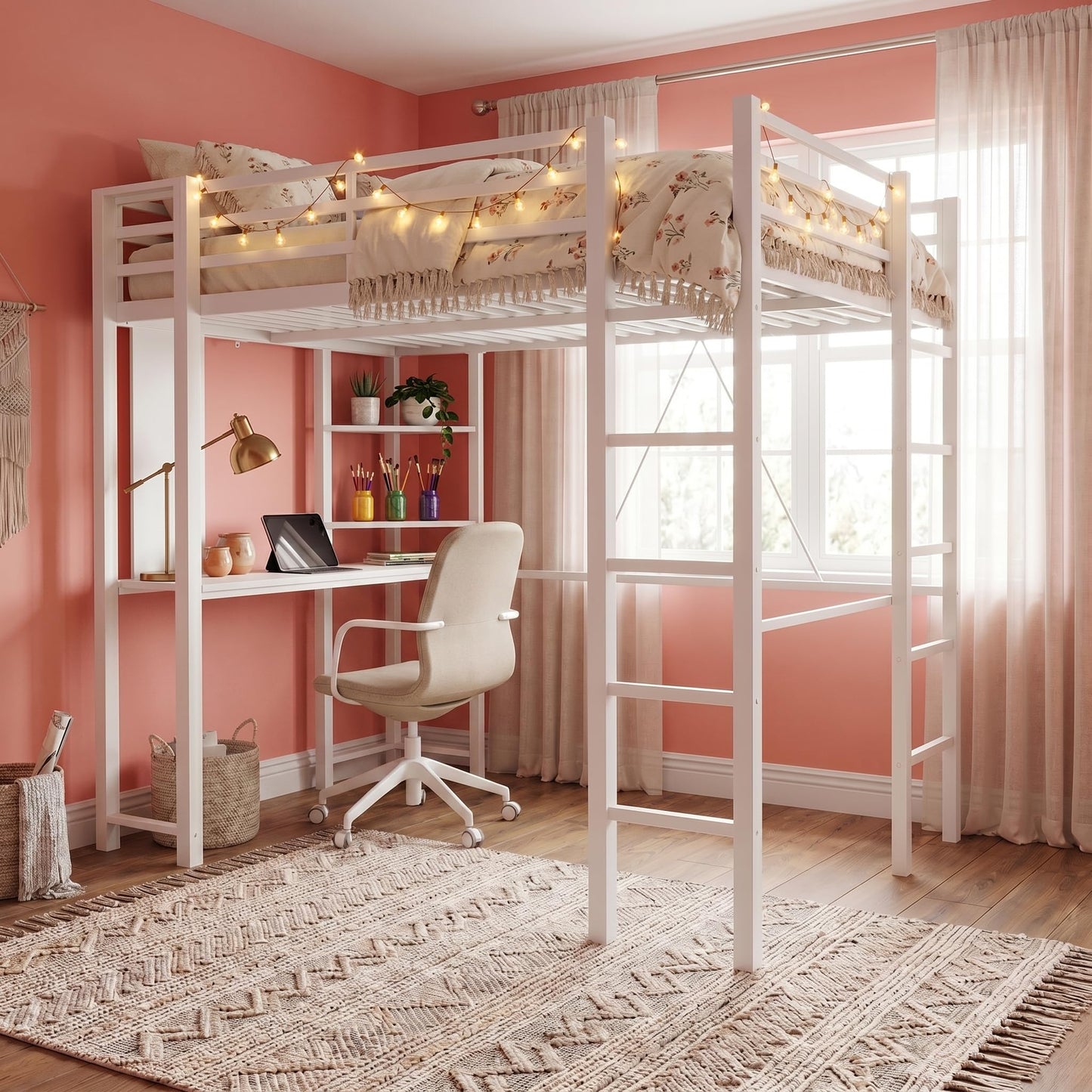 SUNLEI Metal Twin Loft Bed with Desk, Twin Size Loft Bed with 2 Built-in Ladders & Safety Guard, Noise Free for Small Bedroom, Matte White