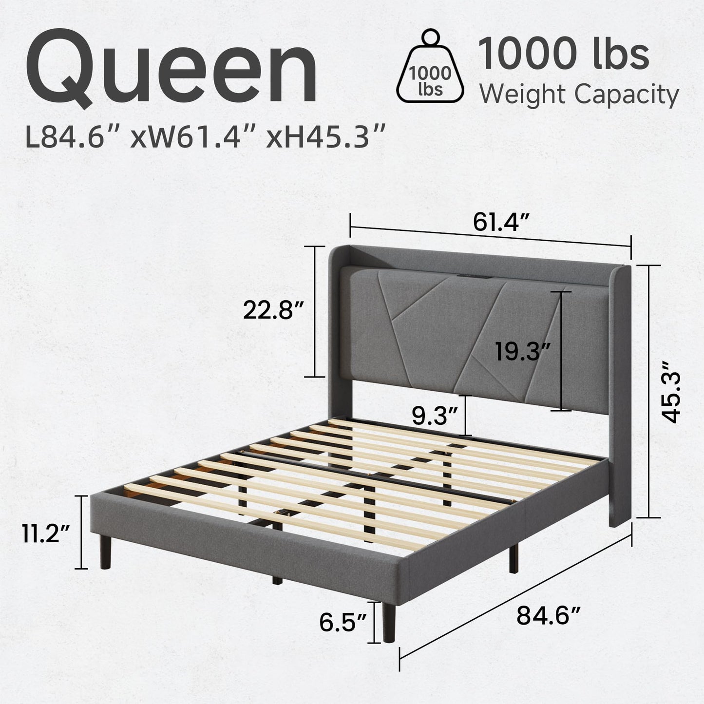 Queen Size Linen Bed Frame, Storage Headboard with Charging Station, Upholstered Platform Bed with Wooden Slats Support, Solid and Stable, Noise Free, No Box Spring Needed, Easy Assembly, Gray