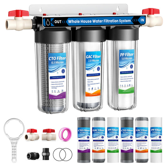 Whole House Water Filter System for Well Water City Water, 3 Stage Whole Home Water Filtration System,Reduces Chlorine,Taste, Sediment for Cleaner Water, Includes 3 Sets Filters (2 Years use), 3/4”