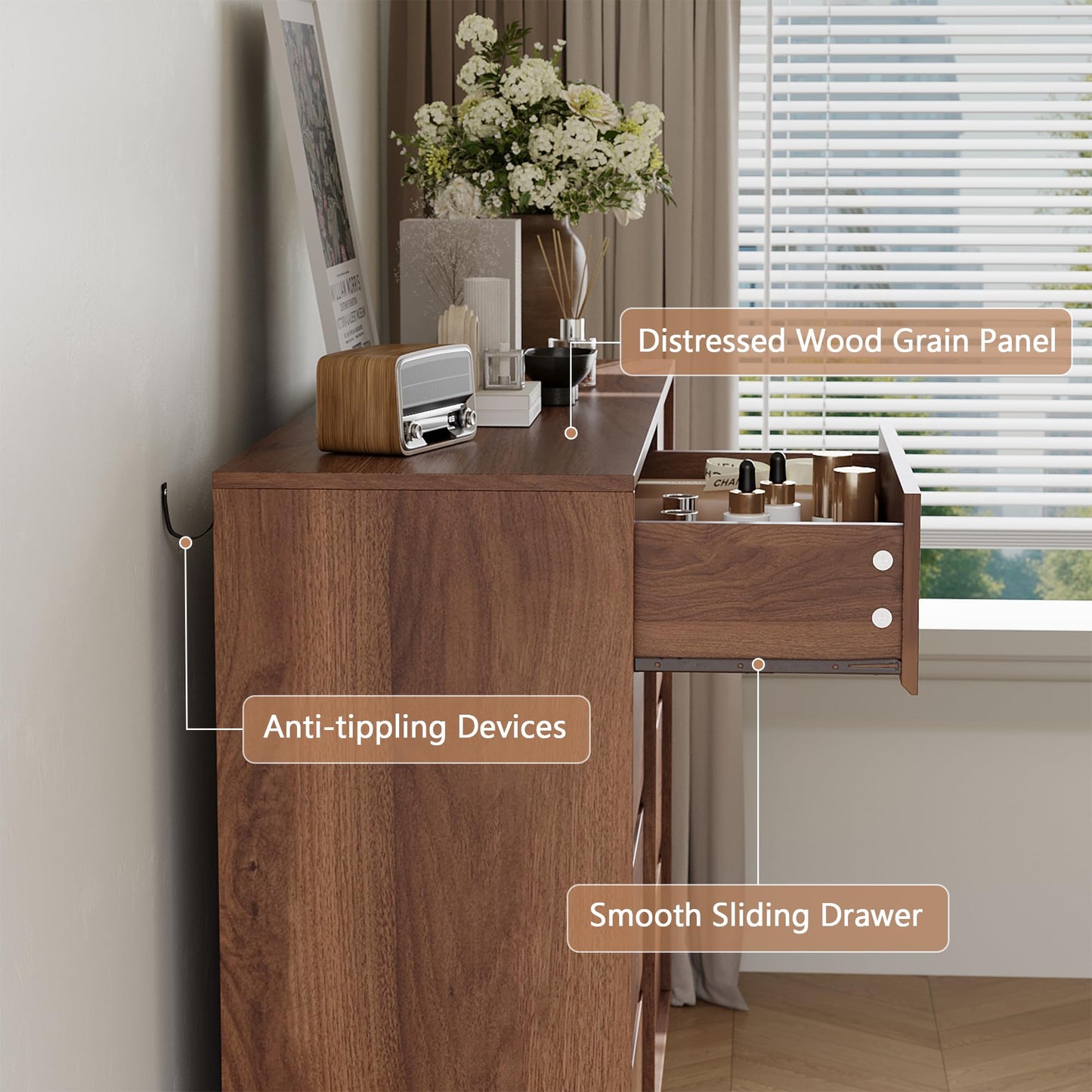 SINROM Walnut Dresser for Bedroom, 53.1" Wide 8 Drawer Dresser, Mid Century Modern Dressers Chest of Drawers, Wooden Large Dressers for Bedroom, Closet