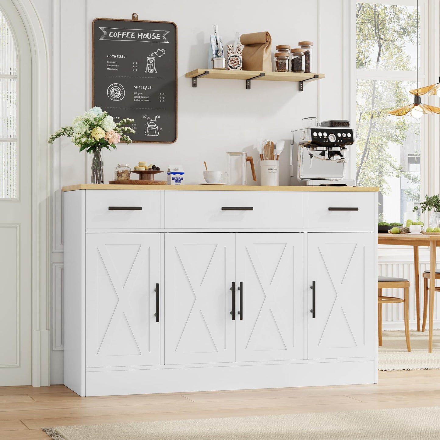 Shintenchi Buffet Cabinet with Storage,53.4" Large Kitchen Storage Cabinet with 3 Drawers and 4 Doors,Wood Farmhouse Buffet Sideboard with Adjustable Shelf for Kitchen Living Room, White