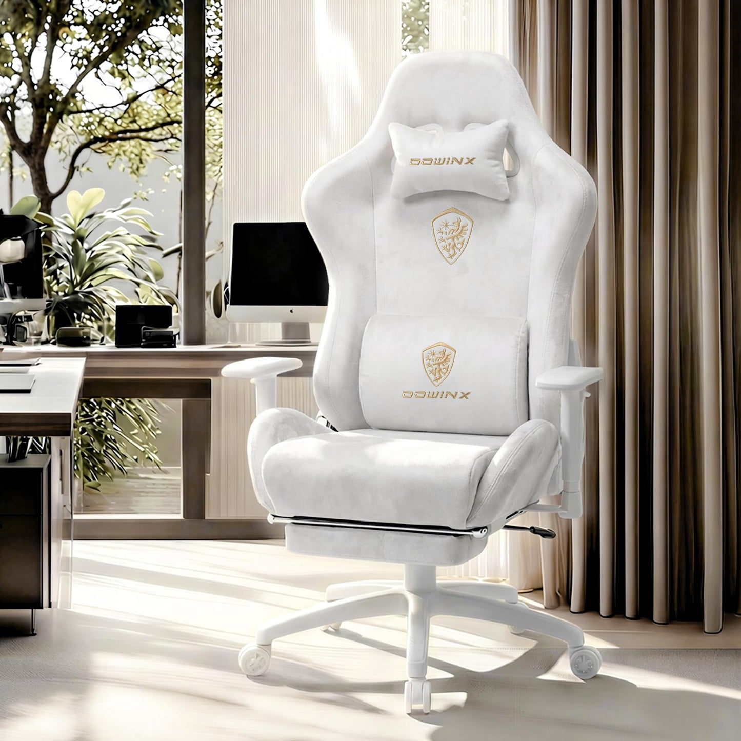 Dowinx Big and Tall Gaming Chair with Suede Fabric Breathable, Game Chairs for Adults with Oversized Thick Seat for 440lbs, Ergonomic Gamer Chair for Streaming & Long Gaming Sessions, White