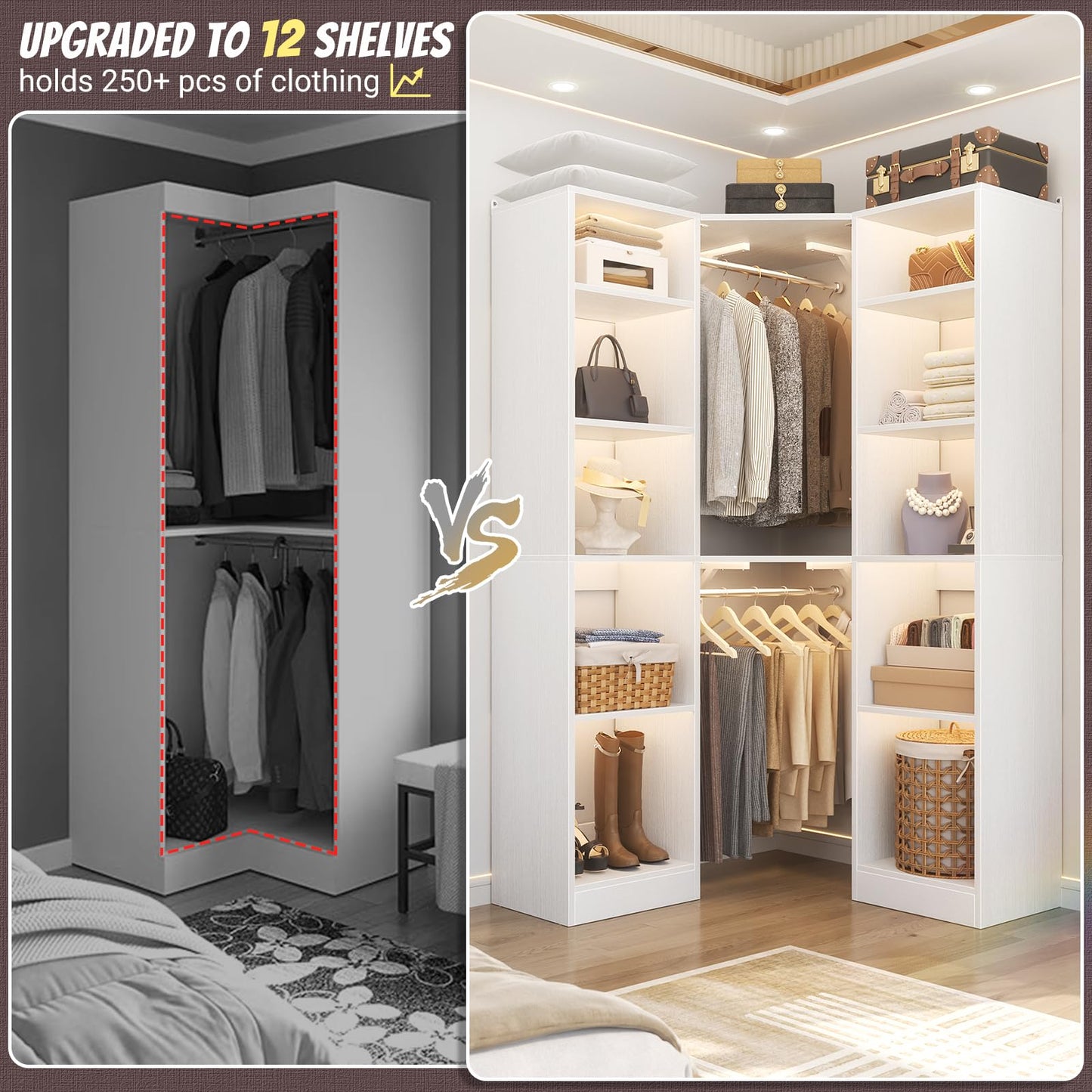 Besiost Corner Closet System with 12 Shelves, 39.2" Corner Closet Organizer System with 2 Hanging Rods, Versatile 6-Tier Walk-in Closets for Corner Space, White (39.2" L x 39.2" W x 80" H)