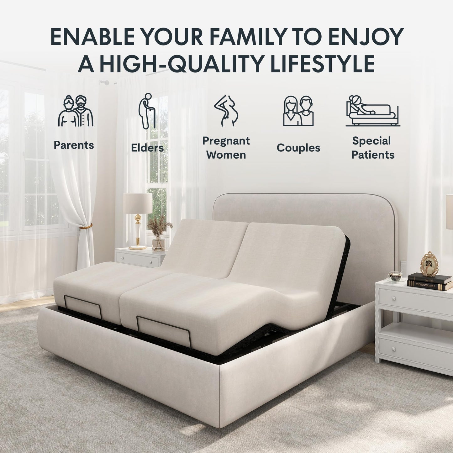 FLEXISPOT Split King Adjustable Bed Frame Base,Segmented Design,Easy Assemble, Oxford Fabric Bedspread,Wired Remote,Whisper Quiet Durable Motor,Mattress Holder, No Box Spring.
