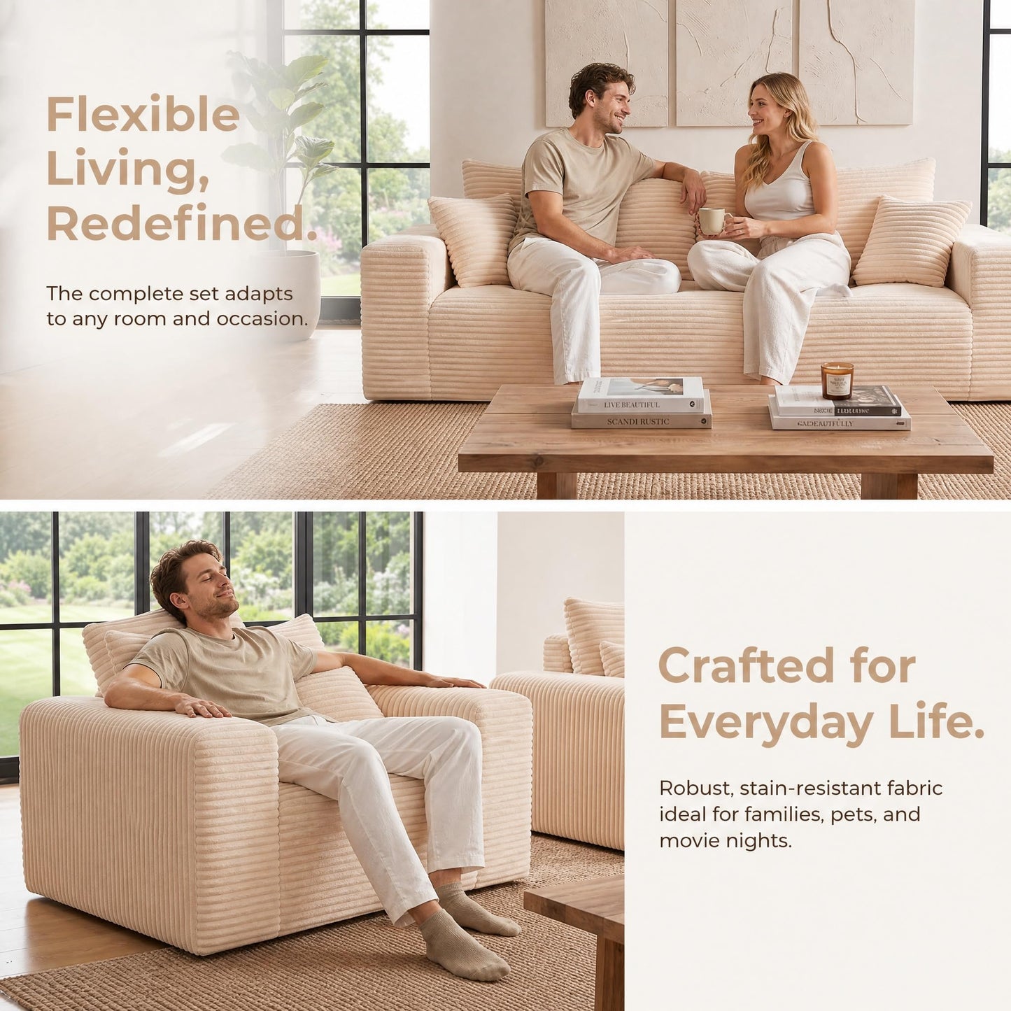 Trygoal 3-Pieces Sectional Boneless Couch Set for Living Room, Oversized Couch Including 3-Seater & 2-Seater & Single Chair, Deep Seat Sofa Set with Armrests & Pillows,No Assembly Required, Beige