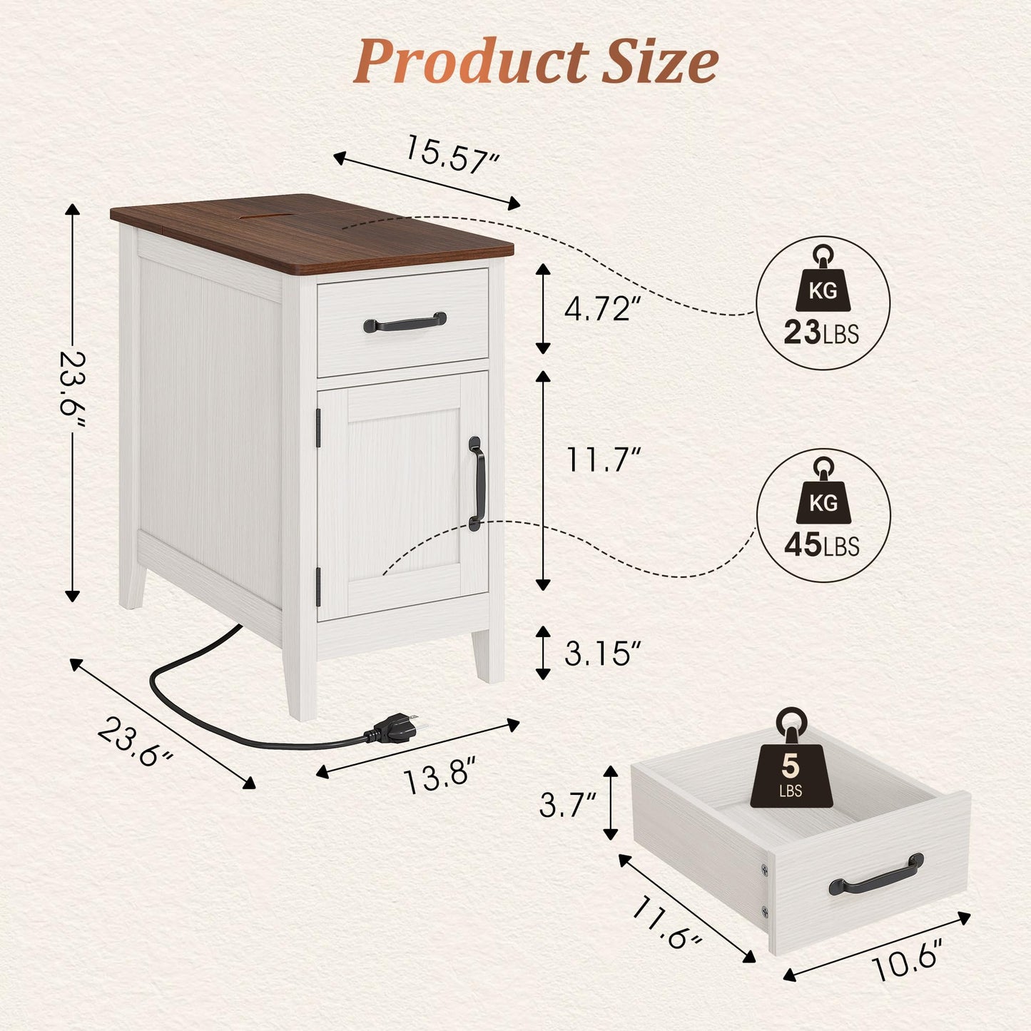 Alohappy End Table Set of 2 with Charging Station, Narrow Side Table with Hidden Flip Top & Power Strip, Farmhouse Nightstand with Drawer and Storage Cabinet for Living Room, Bedroom (2, White)