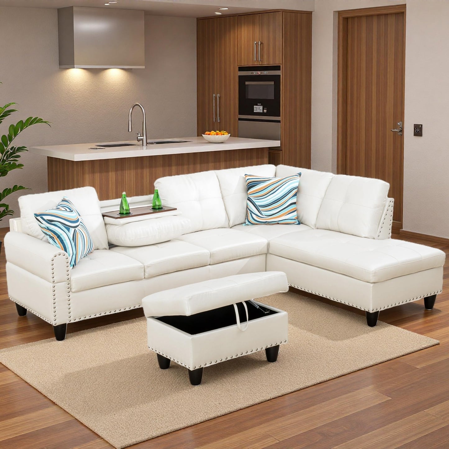 Topcomfy L Shaped Sectional Couches for Living Room with Movable Chaise & Storage Ottoman - 97.5" Leather V Shaped Couches for Apartment, Home Modular Sectional Sofas with Cup Holder, White