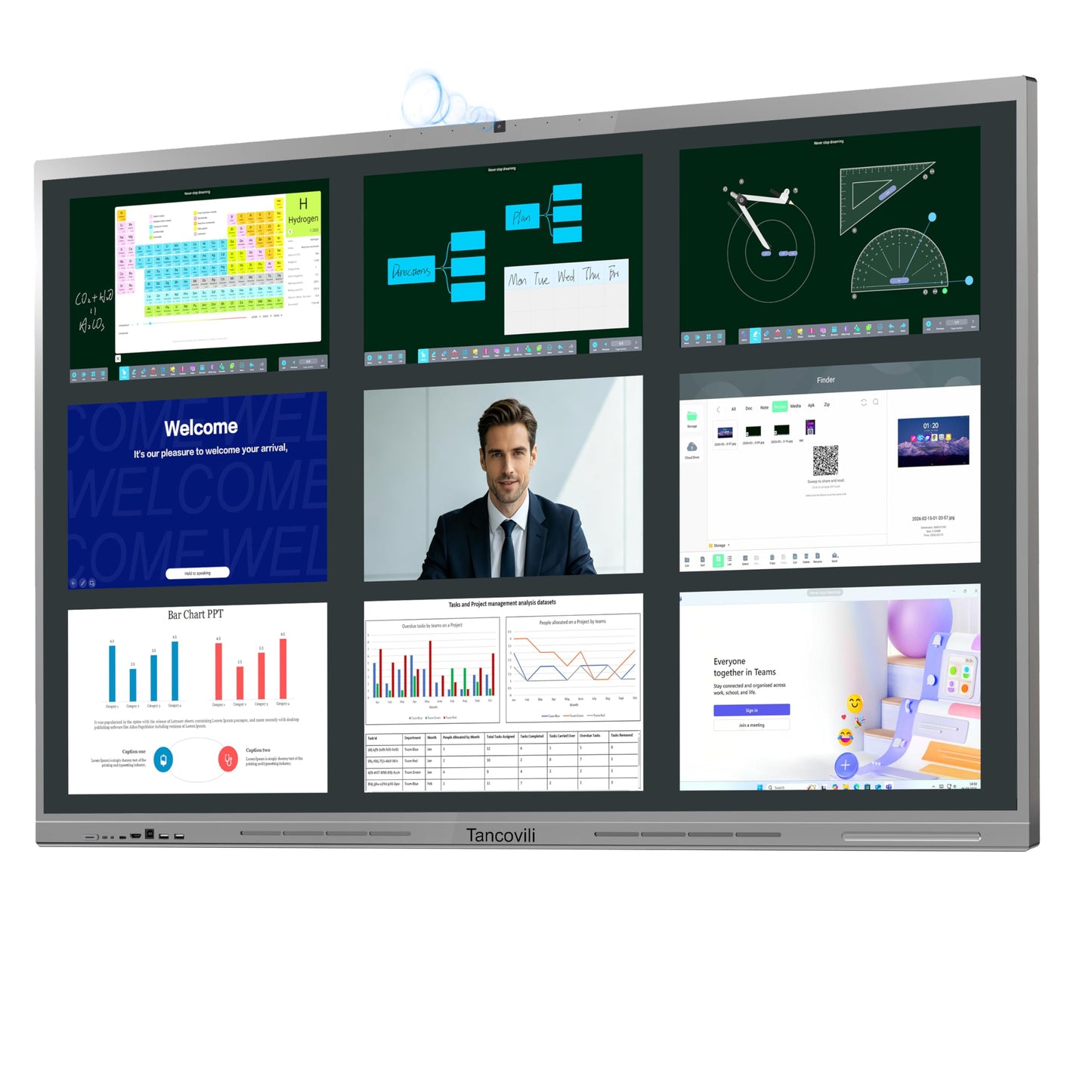 Tancovili 65" Touchscreen AI Smart Board, Google EDLA Certified Electronic Whiteboard 4K UHD Display Interactive Whiteboard for Office Classroom, Android 14, 8GB+128GB, Wireless Casting,Grey